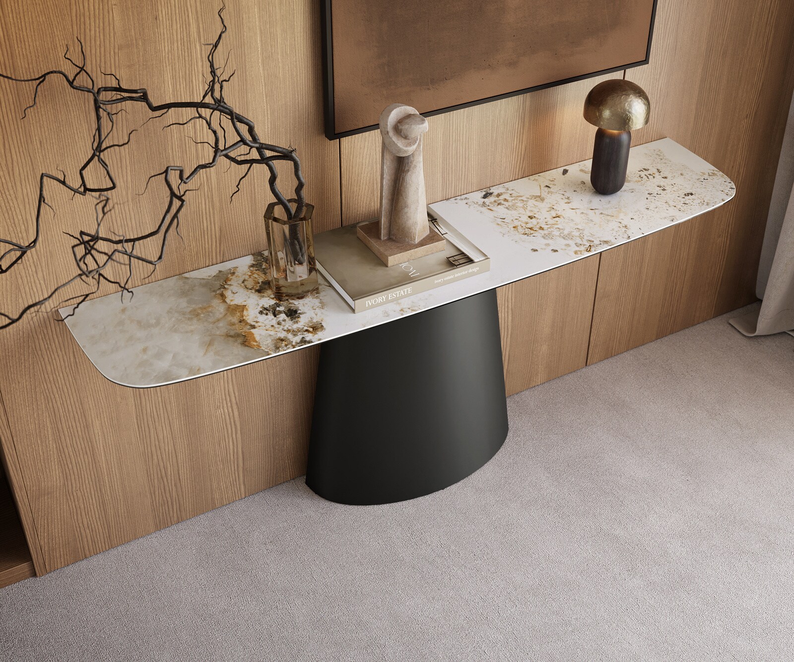 Console Edge forme bateau 180x40 cm Céramique Minas Melange Weiß-Beige Conos Métal Noir 1