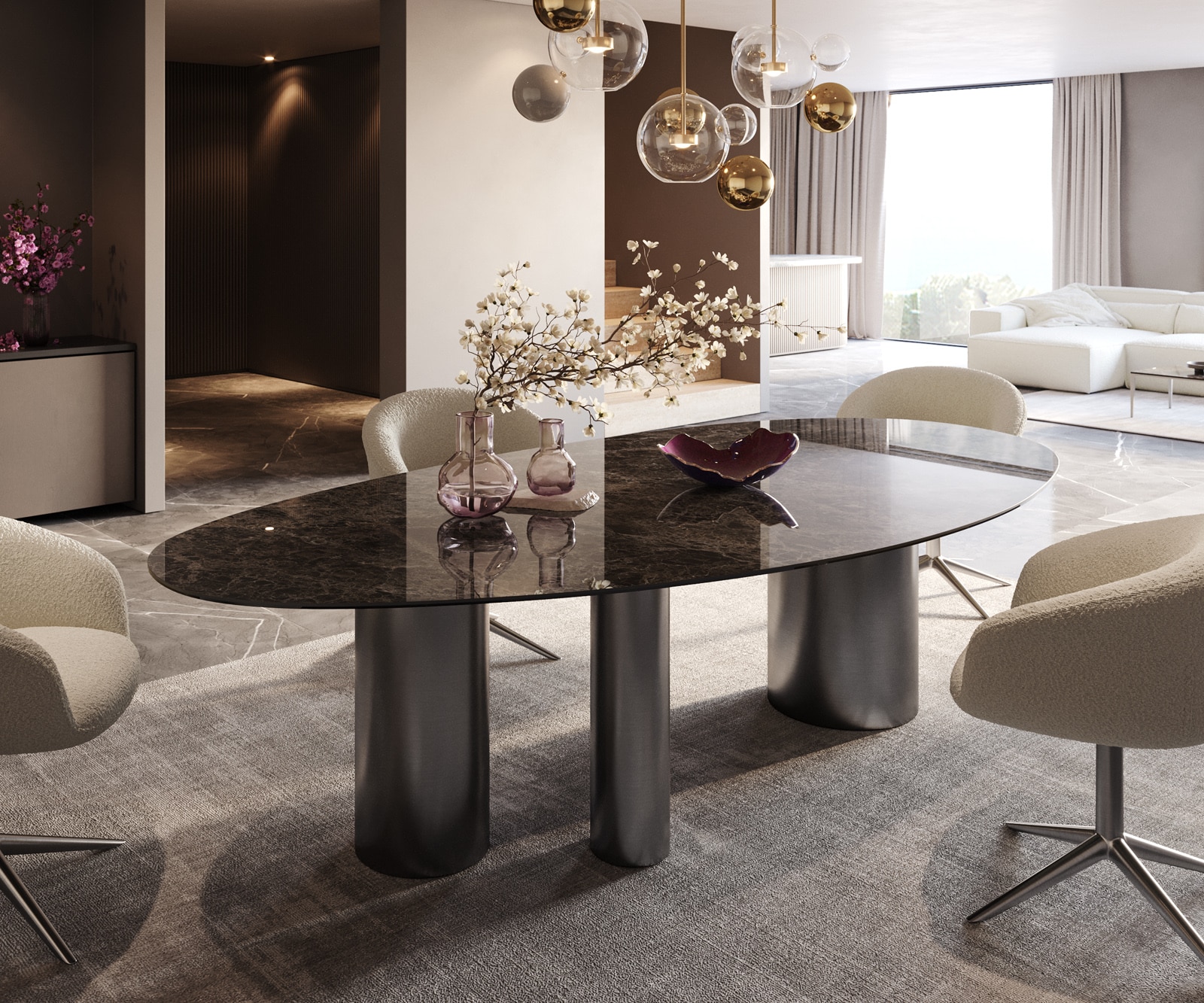 Table à manger Edge Ovale 280x130 Céramique Laminam®Emperador Extra Lucidato Marron foncé Troa Acier inoxydable Graphite 1