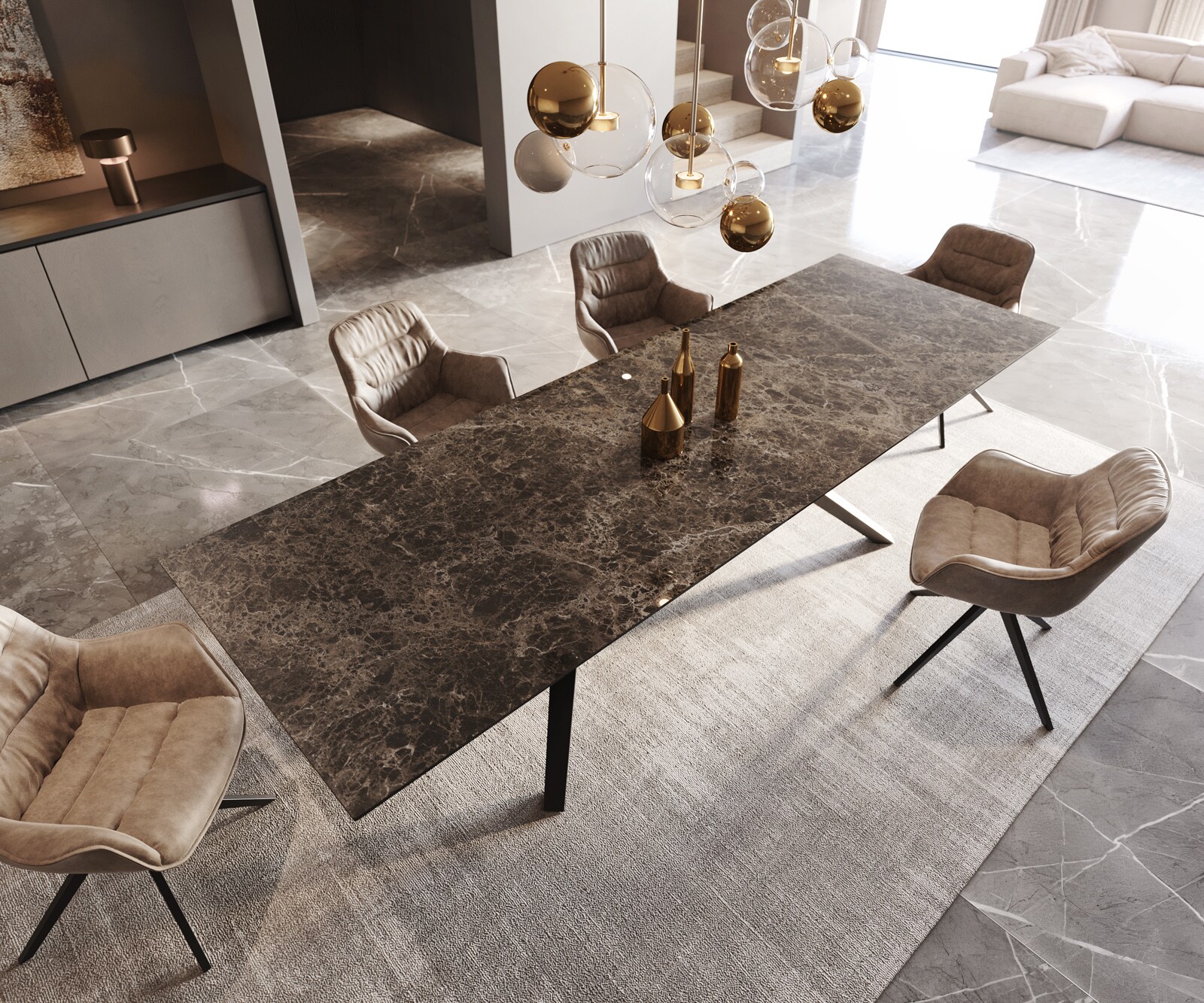 Table de salle à manger Edge Céramique Emperador Extra Lucidato Brun foncé 300x100 Zenthara angulaire Métal Noir 4