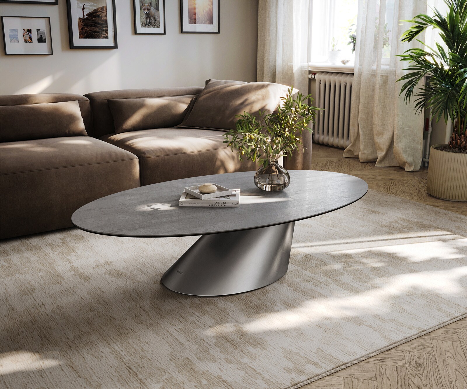 Table basse Edge ovale 140x80 cm céramique béton gris Conis acier inoxydable brossé