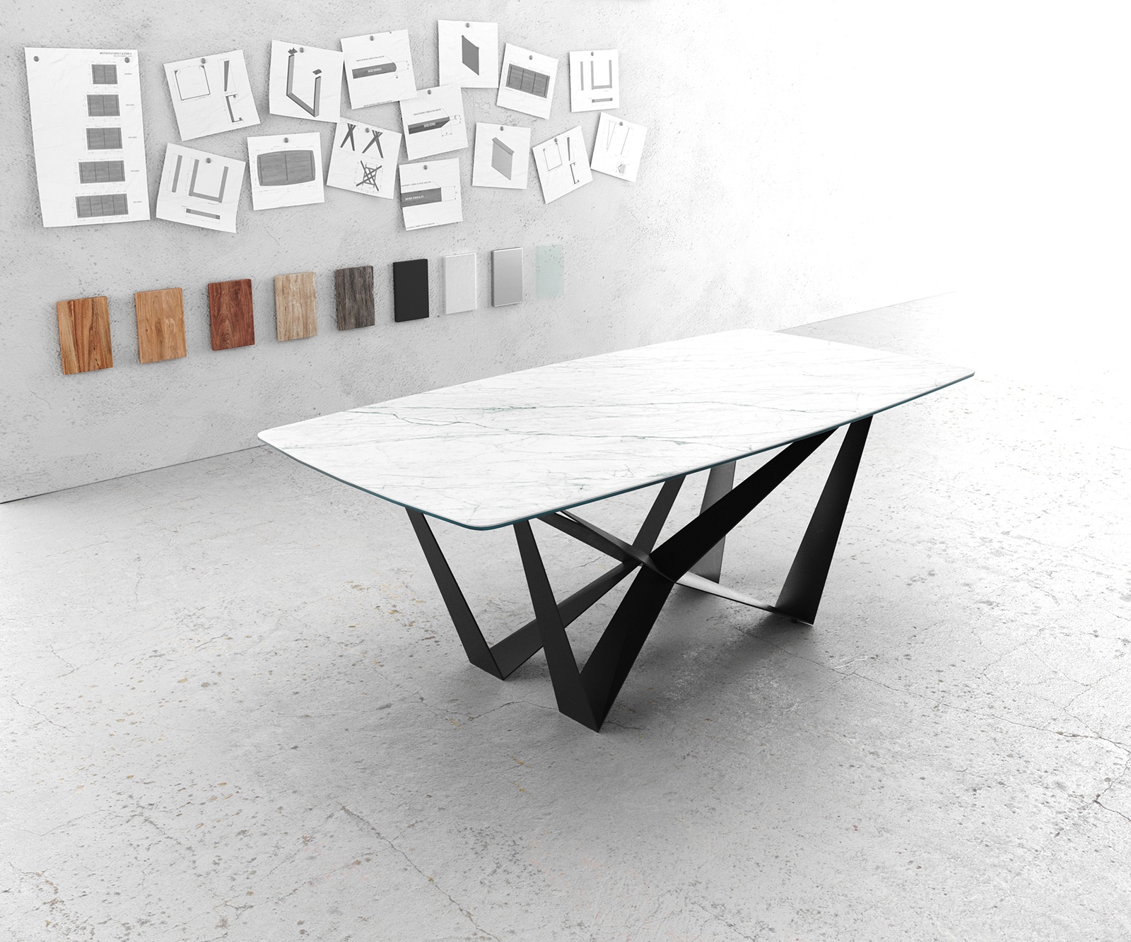 Table-à-manger Edge forme Boot 200x100cm Laminam® céramique blanc pieds milieu acier plat noir Table-à-manger Edge forme Boot 200x100cm Laminam® céramique blanc pieds milieu acier plat noir