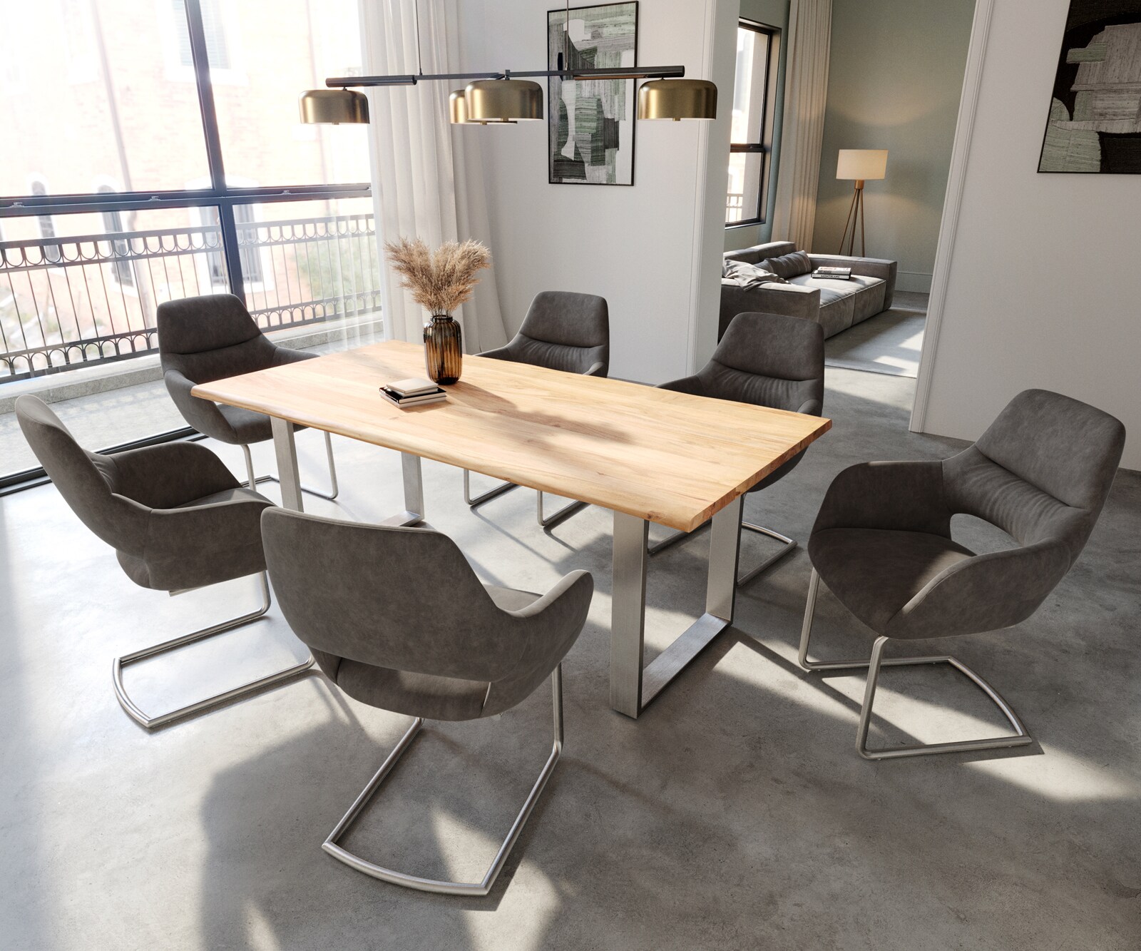 Cantilever Yago-Flex avec accoudoirs microvelours anthracite vintage pied cantilever rond acier inoxydable brossé ressorts ensachés 4