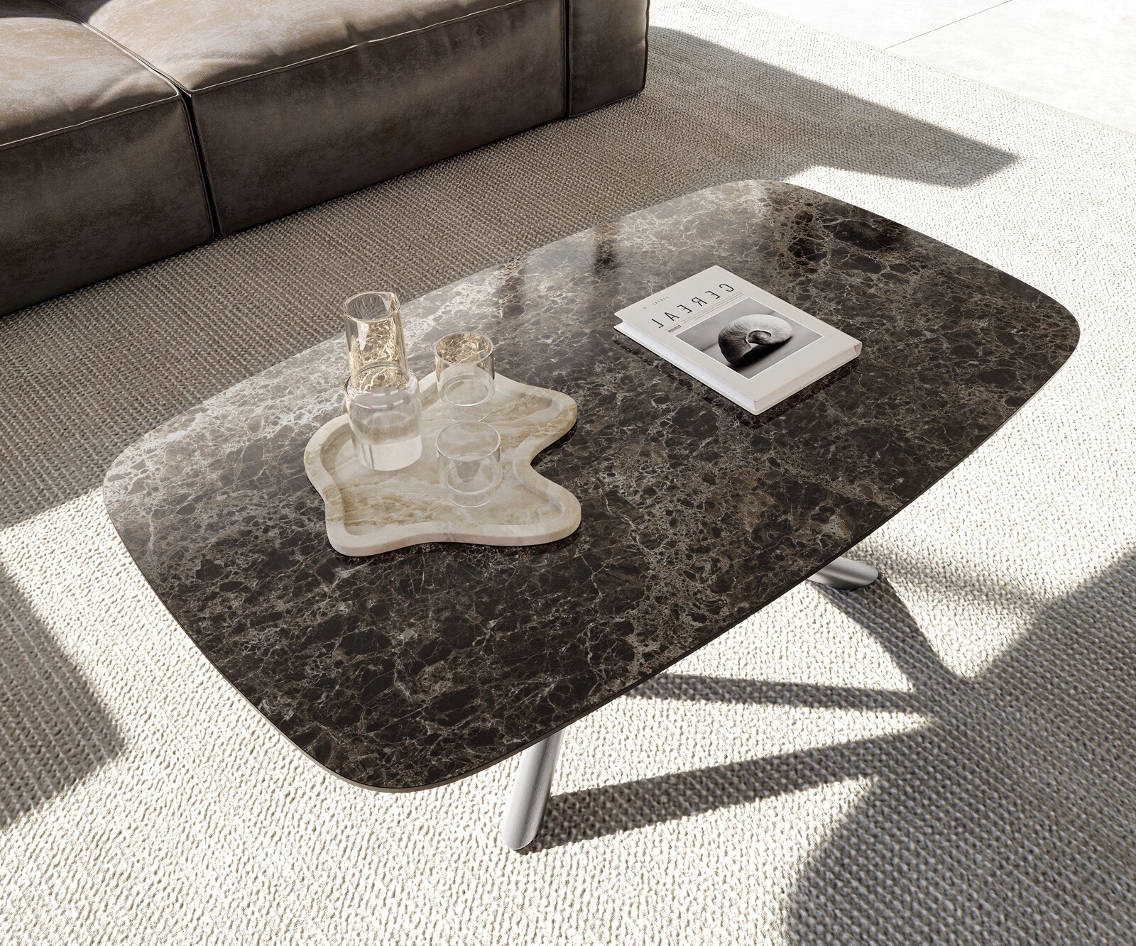 Table basse Edge Boot 120x70 cm céramique Laminam® Emperador Extra Lucidato brun foncé Sarity acier inoxydable brossé 4