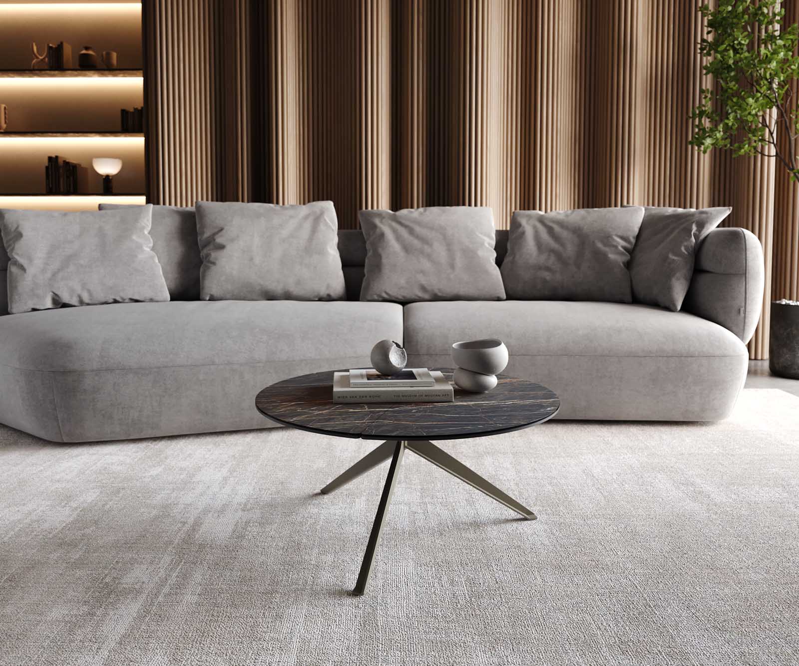 Table-basse Delron 70x70 cm Céramique Laminam®Noir Désir Marron Pied croisé Plat Métal Finition Effet Titane 1