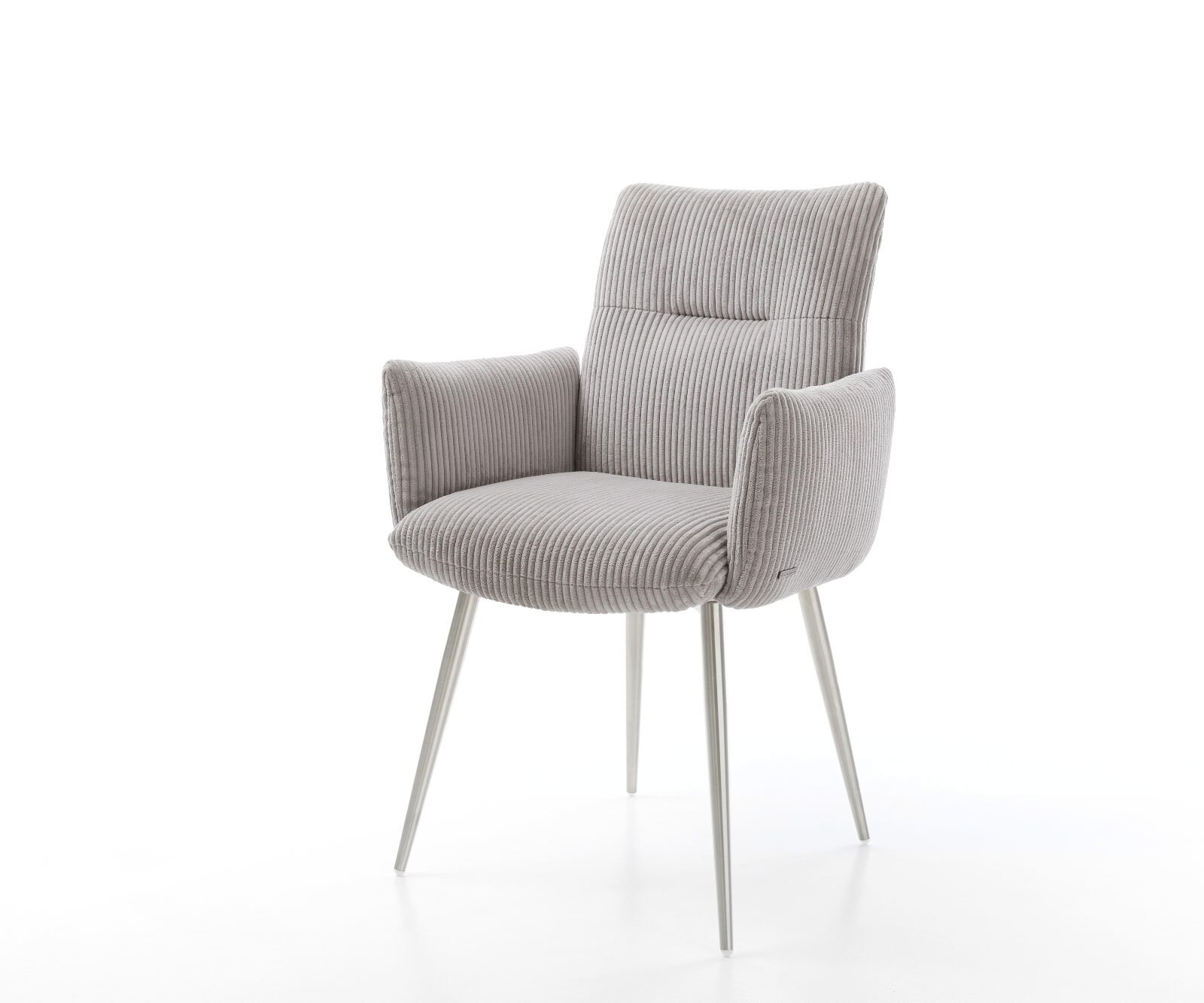 Chaise-de-salle-à-manger Jova-Flex avec accoudoirs côtelé gris argenté 4 pieds coniques acier inoxydable brossé ressorts ensachés