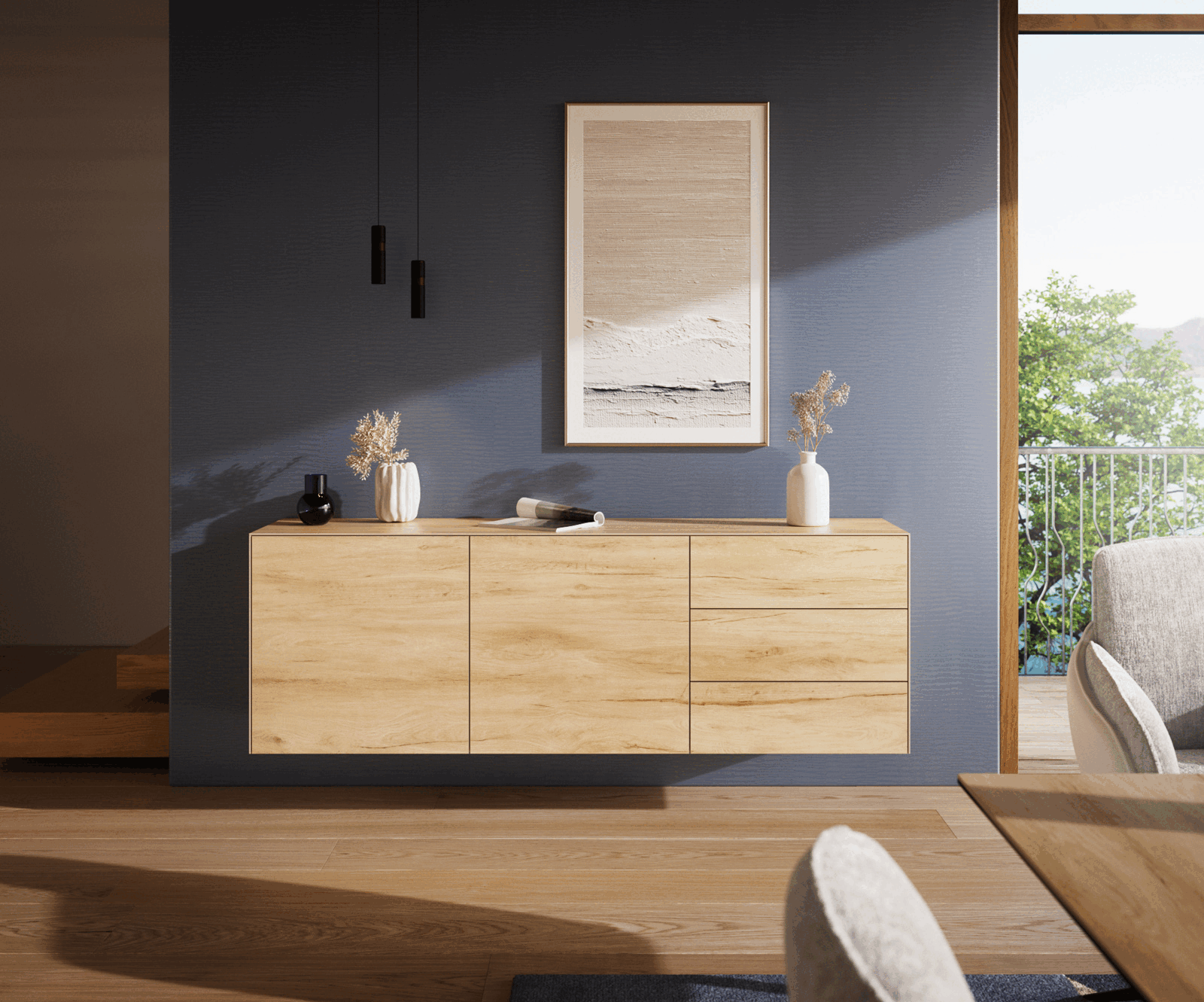 Buffet Cuor 180 cm Céramique Laminam® Sabbia Teinte chêne 2 Portes 3 Tiroirs Flottant 2