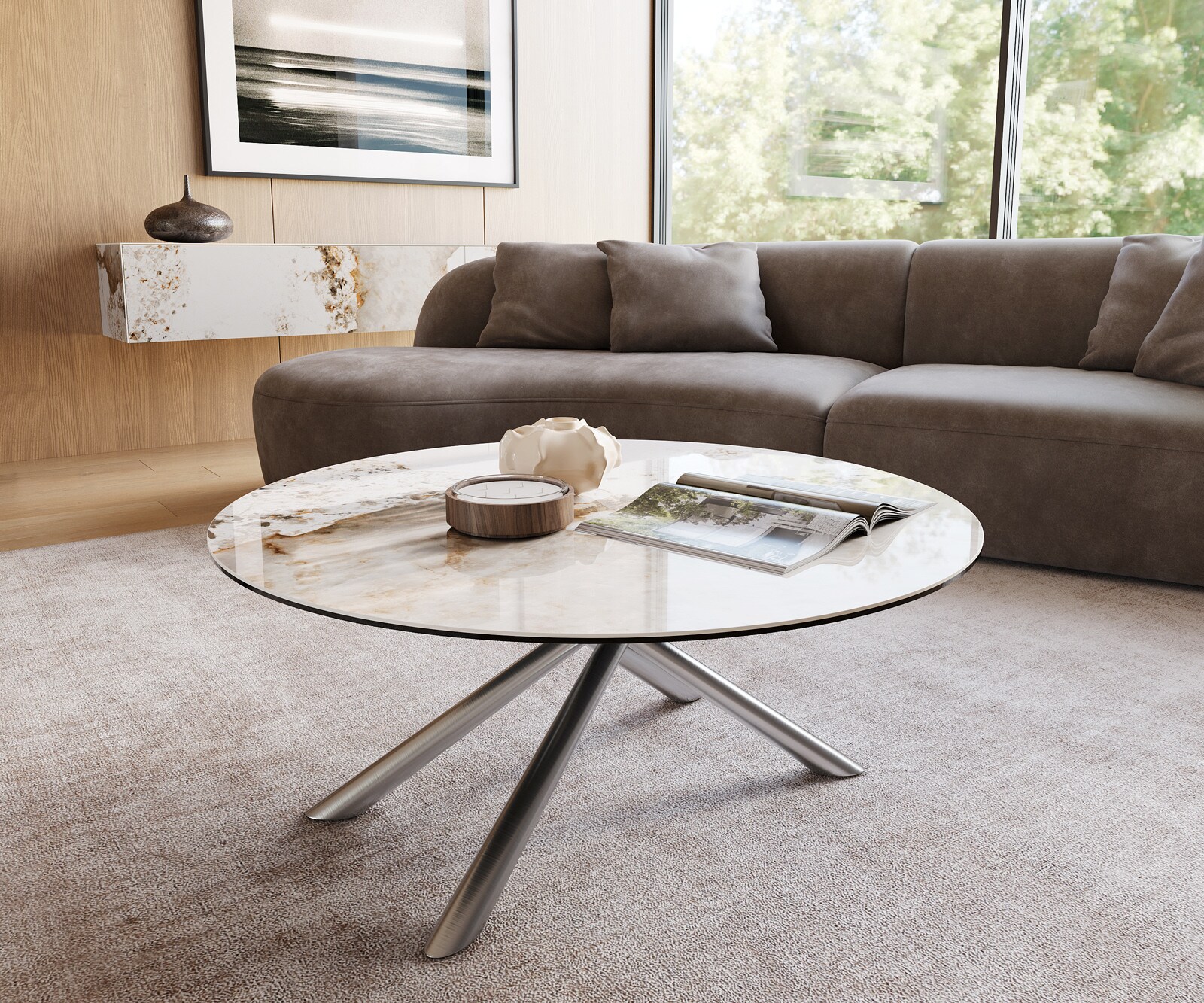 Table basse Edge rond 100x100 cm céramique Minas Melange Sarity acier inoxydable brossé