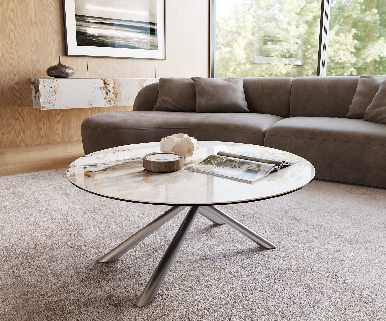 Table basse Edge rond 100x100 cm céramique Minas Melange Sarity acier inoxydable brossé 1