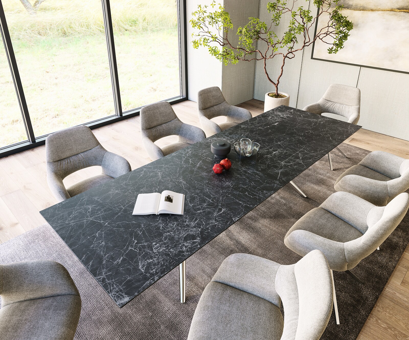 Table à manger Edge 300x100 Céramique Laminam®Nero Greco Anthracite Estelar rond Acier inoxydable 3