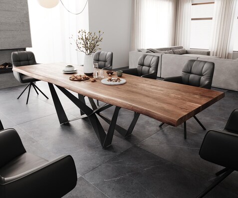 Table à manger Edge 300x100 XL Acacia marron Spider Acier plat Noir Live-Edge