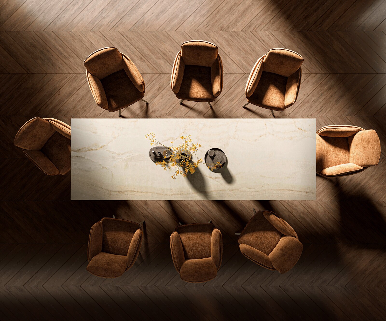 Table à manger Edge 300x100 céramique Laminam® Onice Oro Spider métal effet finition titanee 6