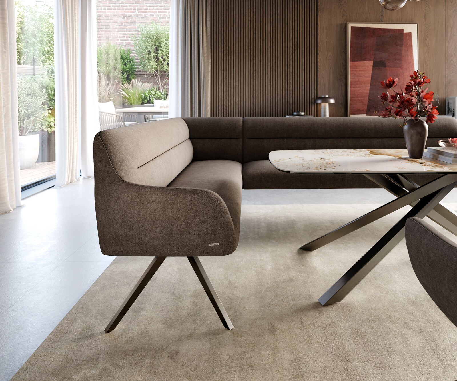 Banc-de-salle-à-manger Taya-Flex 285x190 cm tissu structuré doux taupe pied croisé angulaire grafiete ressort ensaché liens 5
