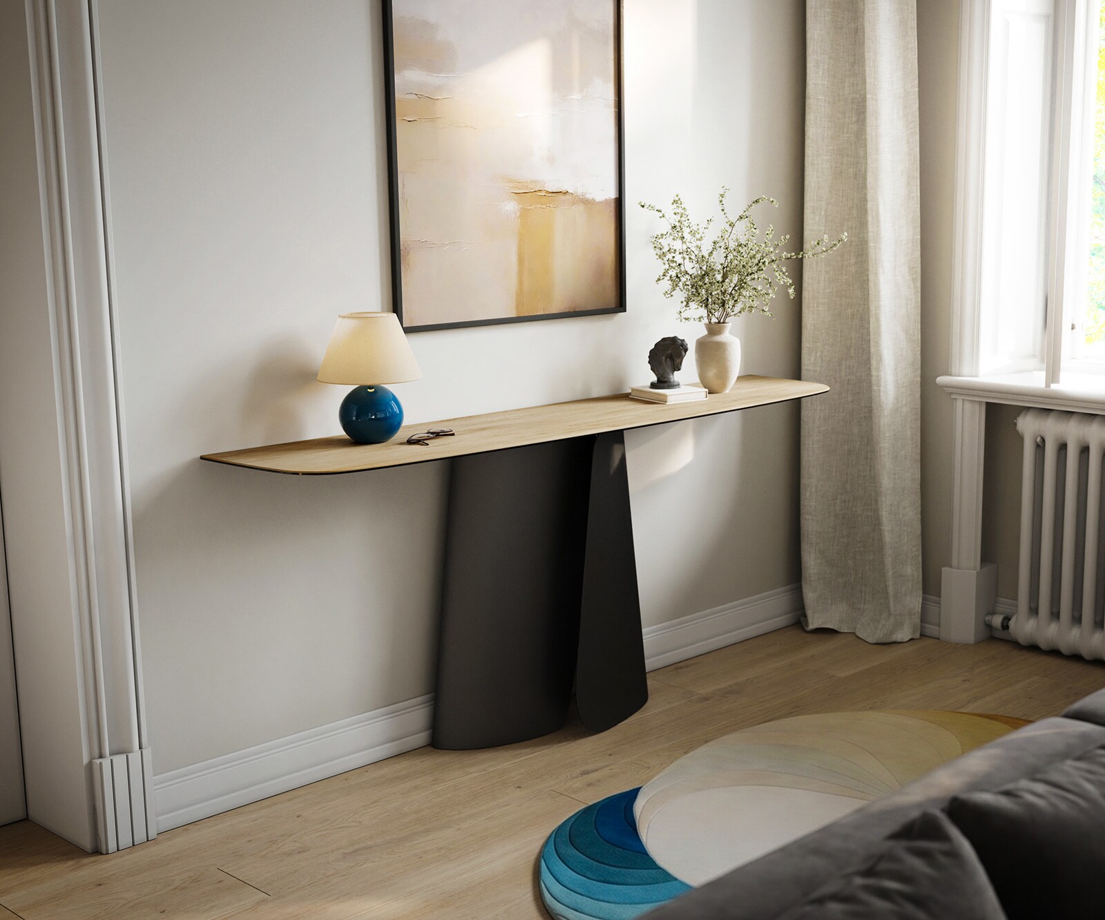 Console Edge forme bateau 180x40 cm Céramique Laminam® Sabbia Eichefarbig Livos Métal Noir 1
