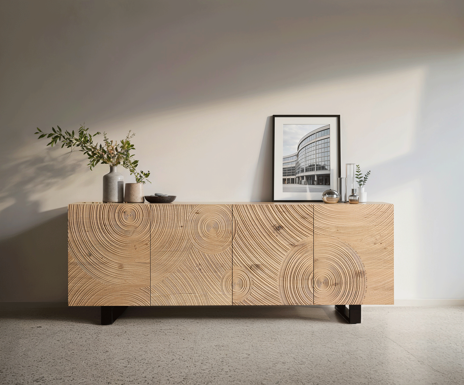 Buffet Ashara 200 cm chêne naturel effet 3D 4 portes piètement traîneau métal noir 1
