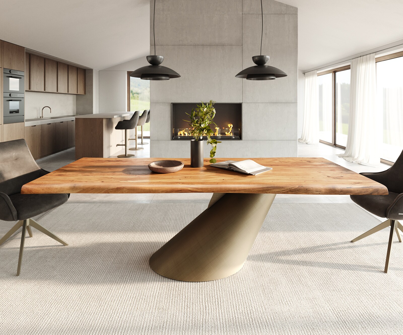 Table à manger Edge 240x100 acacia naturee Cono métallique doré Live-Edge 1