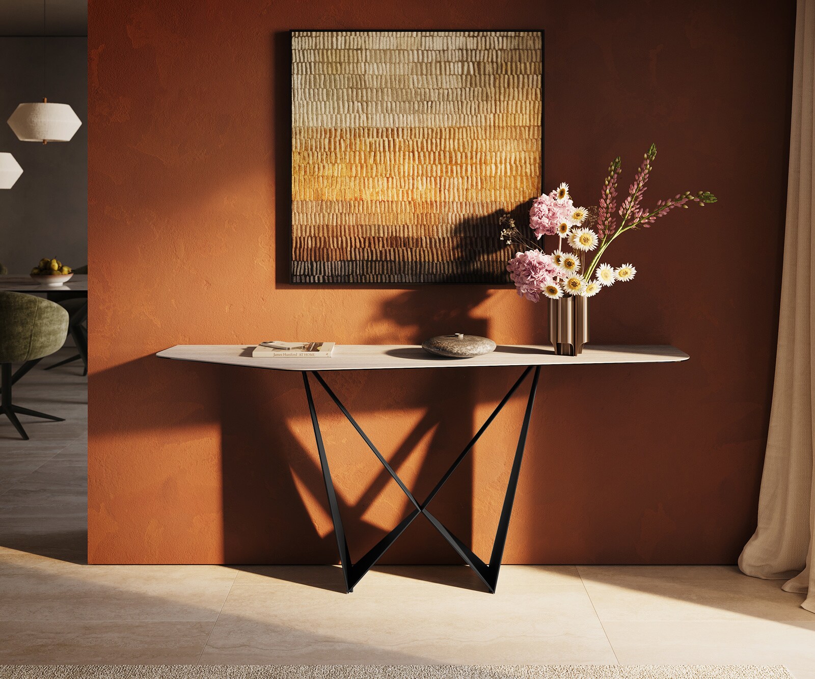 Console Edge Polygonal 180x50 cm Céramique Laminam® Travertino Bianco Creme-Weiß Spios Métal Noir 1