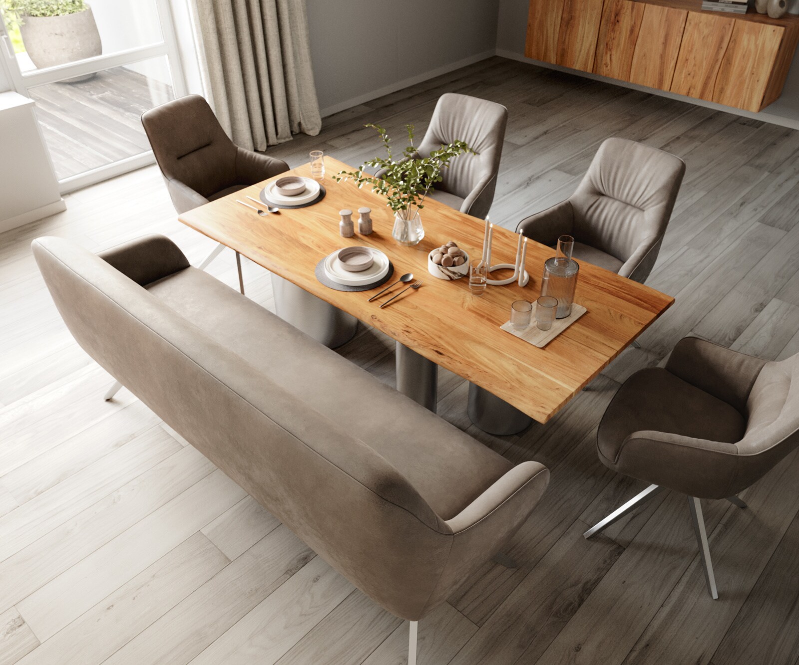 Banc-de-salle-à-manger Taya-Flex 200 cm microfibre taupe vintage pied croisé angulaire acier inoxydable ressort ensaché 3