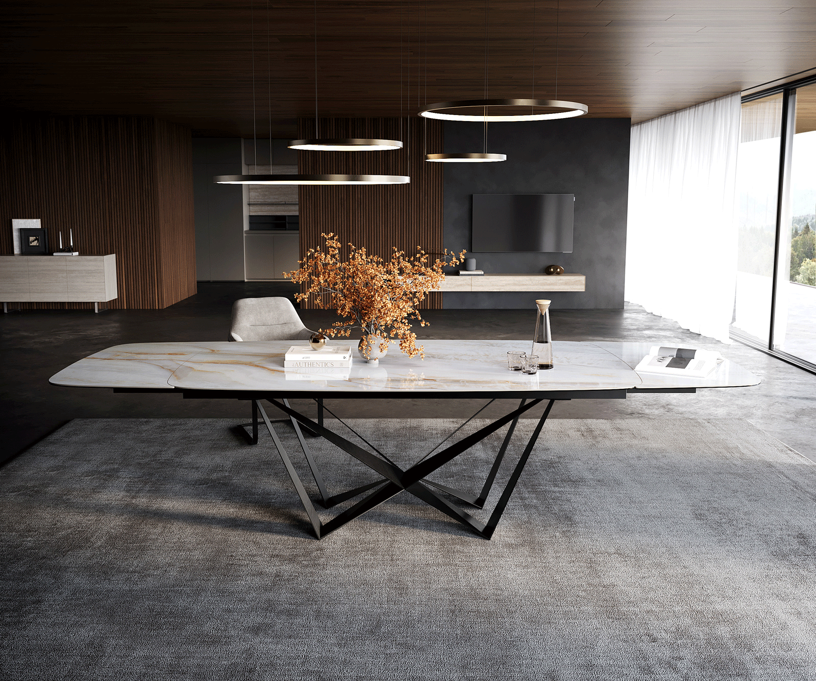 Table à manger Edge forme bateau 200-300x120 cm céramique Onyx Pearl Spider acier plat noir extensible 2