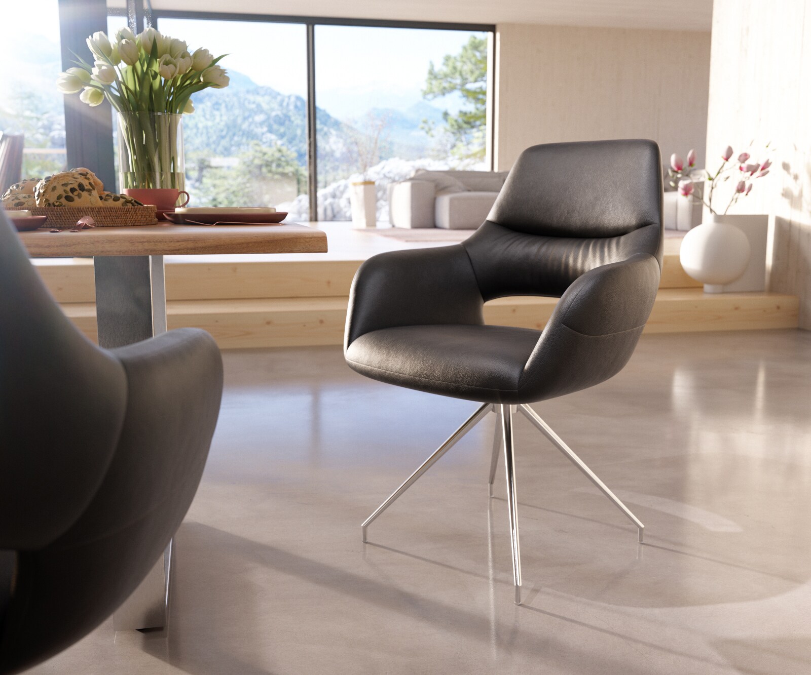 Chaise-de-salle-à-manger Yago-Flex avec accoudoirs cuir de vache noir pied croisé conique acier inoxydable brossé ressorts ensachés