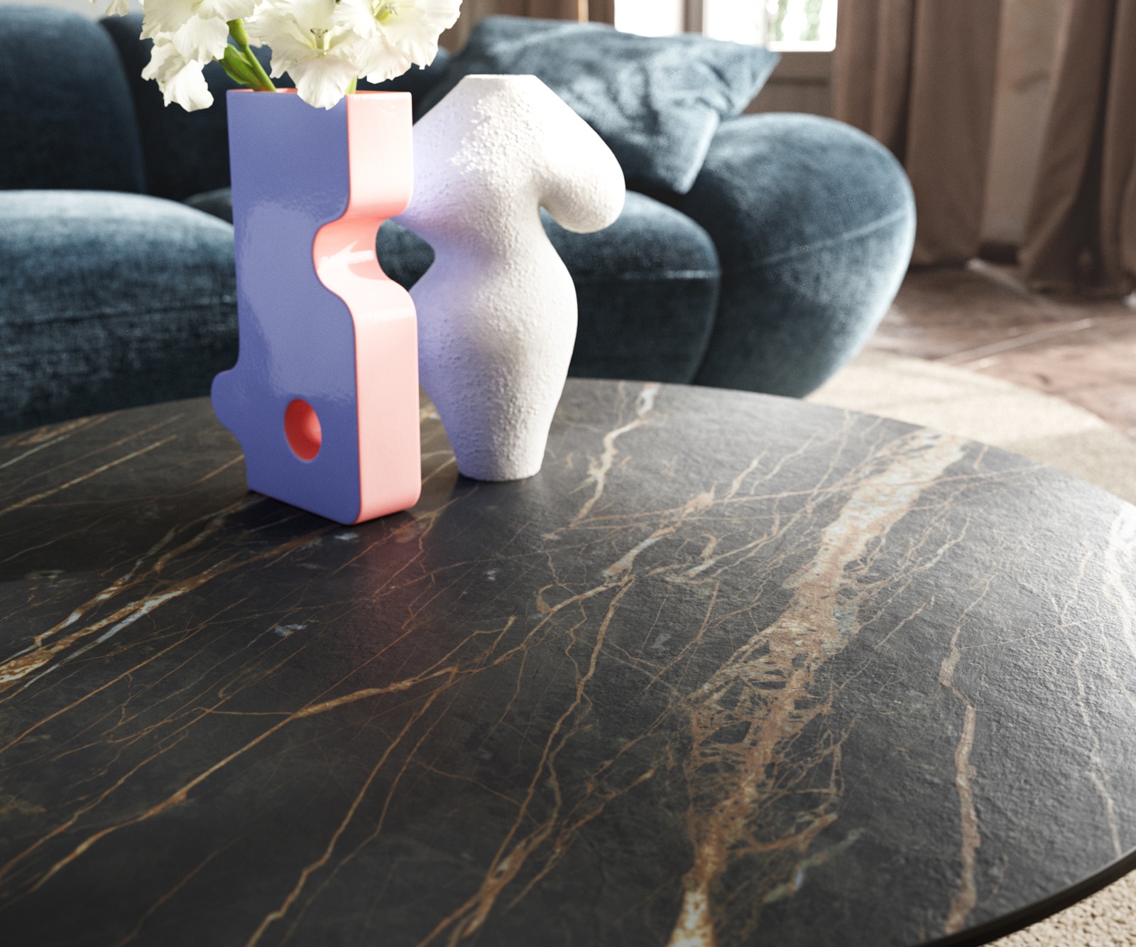 Table basse Edge rond 90x90 cm céramique Laminam® Noir Desir brun Sarity métal noir 7