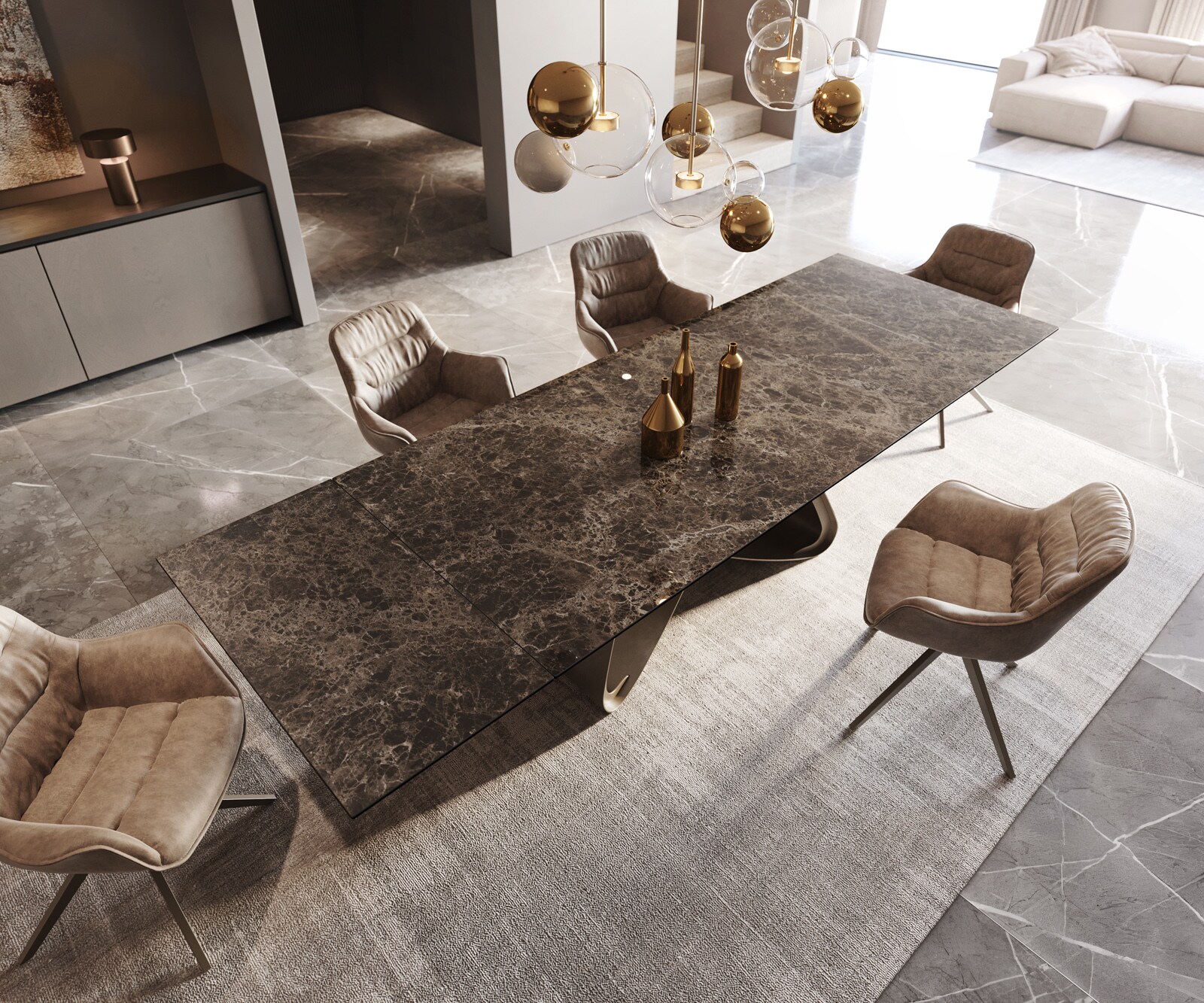 Table de salle à manger Edge Céramique Emperador Extra Lucidato Brun foncé 200-300x100 Piètement en W finition effet Titane extensible 3