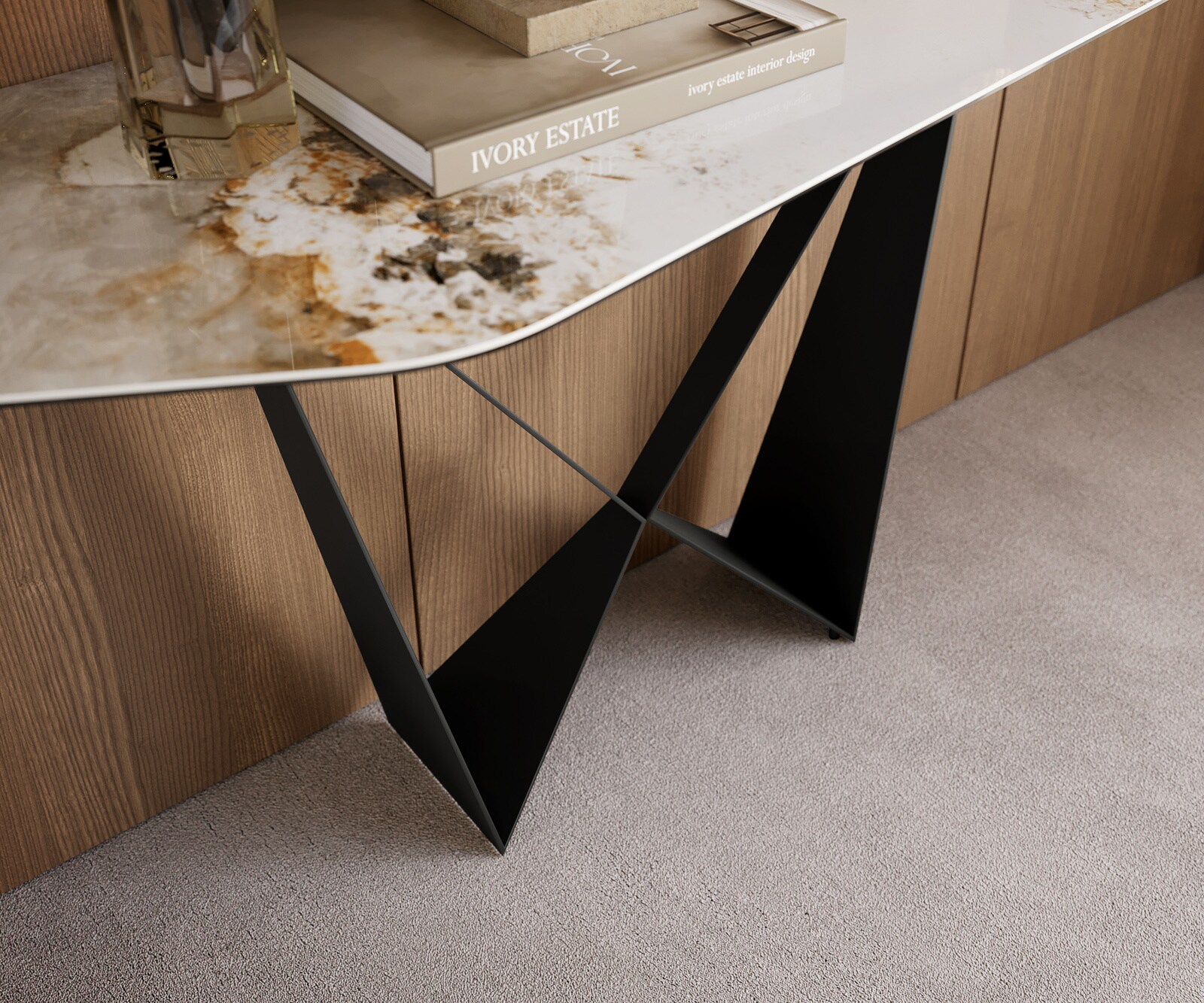 Console Edge Polygonal 180x50 cm Céramique Minas Melange Weiß-Beige Spios Métal Noir 5