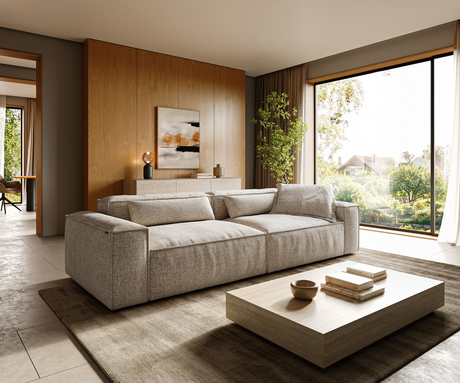 Bigsofa Freestyle 280x110 cm Tissu tissé doux Beige couture passepoilée