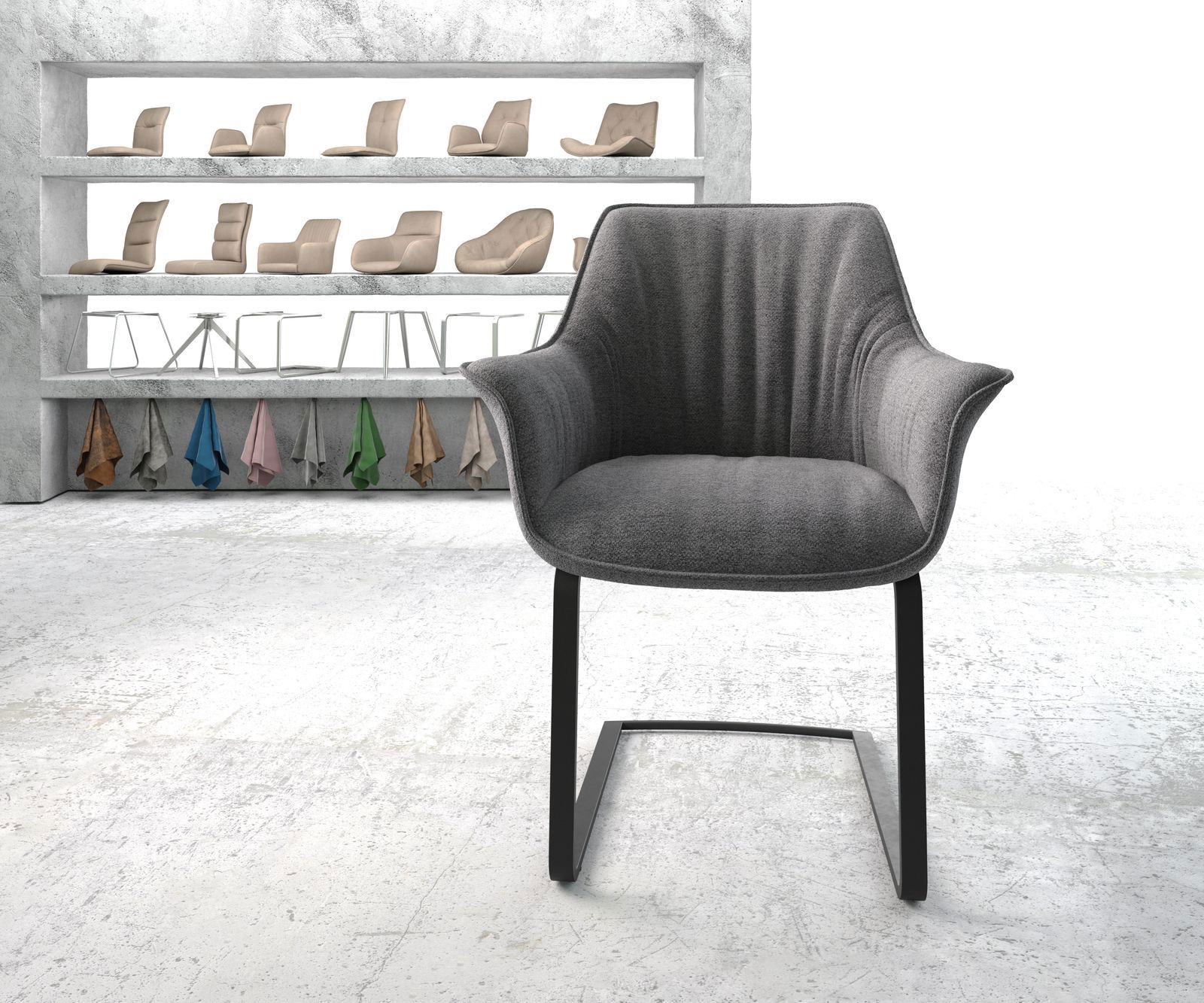 Cantilever Keila-Flex avec accoudoirs tissu texturé gris clair pied cantilever plat noir 2