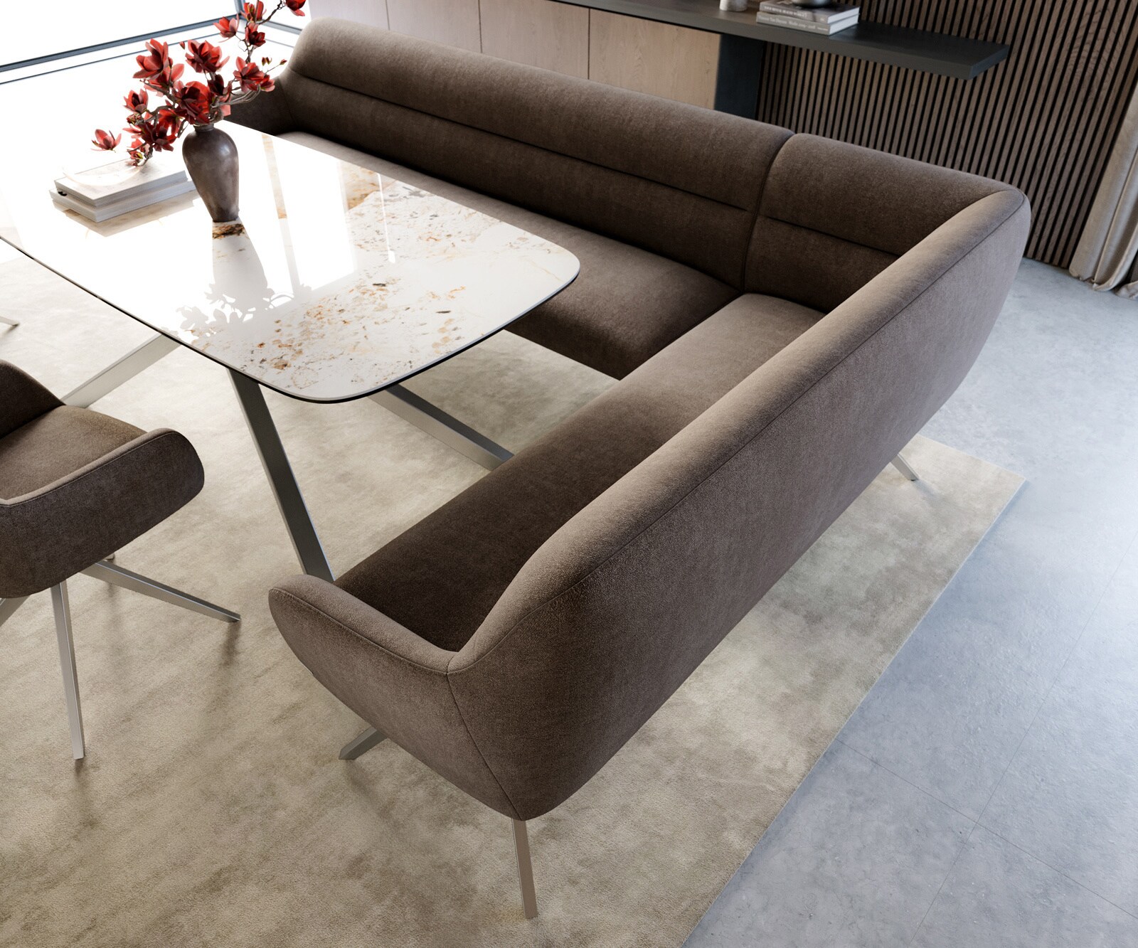 Banc-de-salle-à-manger Taya-Flex 285x190 cm tissu structuré doux taupe pied croisé angulaire acier inoxydable ressort ensaché liens 4