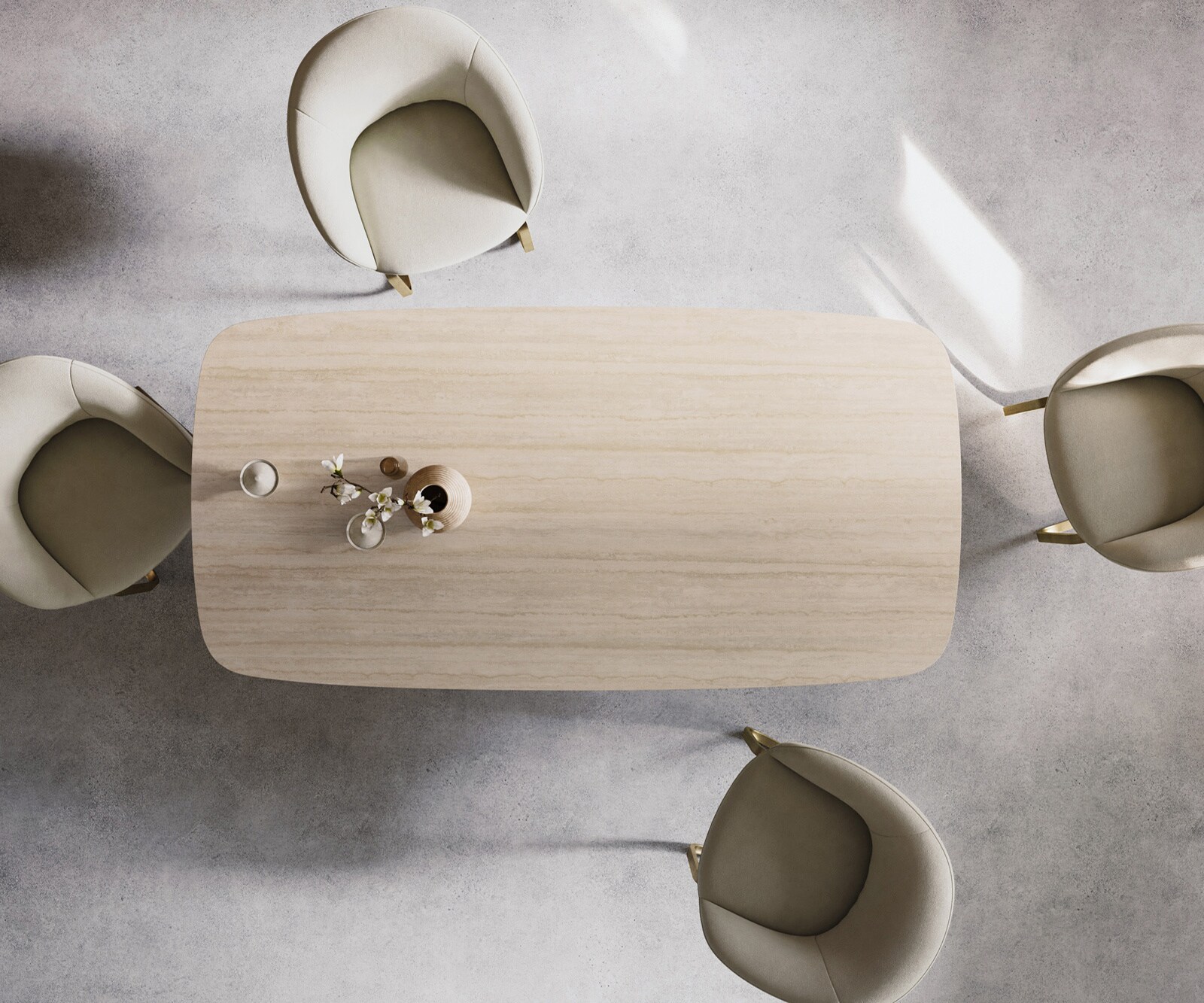 Table à manger Edge Boot 200x100 céramique Laminam® Travertino Bianco crème-blanc Cono métallique doré 6