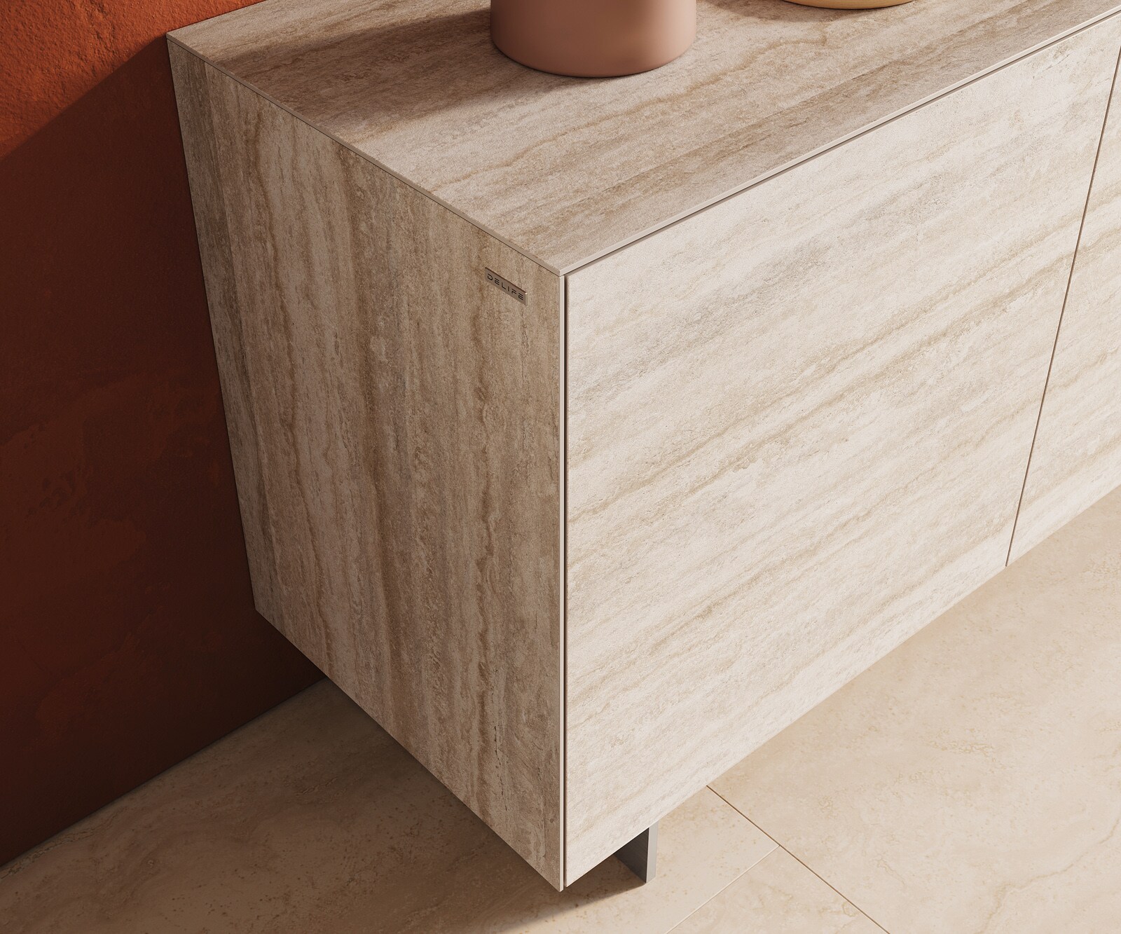 Buffet Cuor 180 cm Céramique Laminam® Travertino Bianco Crème-blanc 2 Portes 3 Tiroirs Pied optique flottant Ancier inoxydable 6