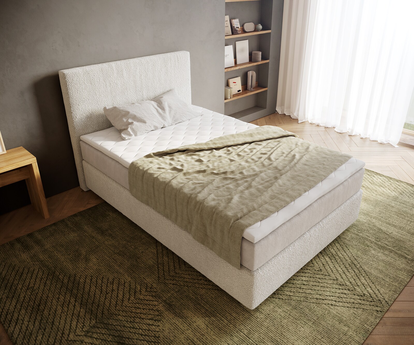 Lit-à-sommier-tapissier Dream-Well 120x200 cm Bouclé Crème-Blanc avec matelas à ressorts ensachés et surmatelas Visco 3 Lit-à-sommier-tapissier Dream-Well 120x200 cm Bouclé Crème-Blanc avec matelas à ressorts ensachés et surmatelas Visco 3