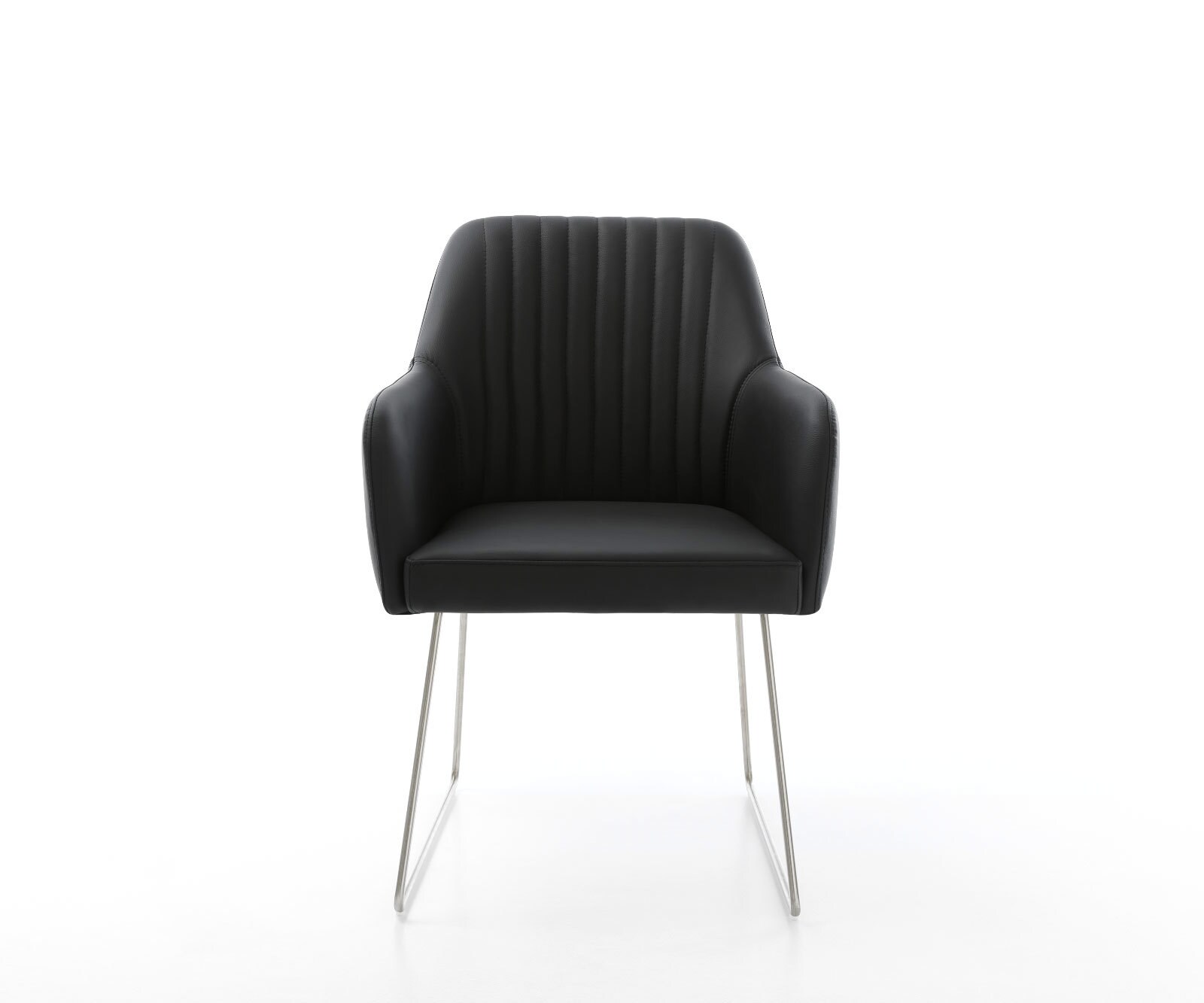 Chaise-de-salle-à-manger Greg-Flex cuir de vache noir pied trapèze acier inoxydable brossé ressorts ensachés 1