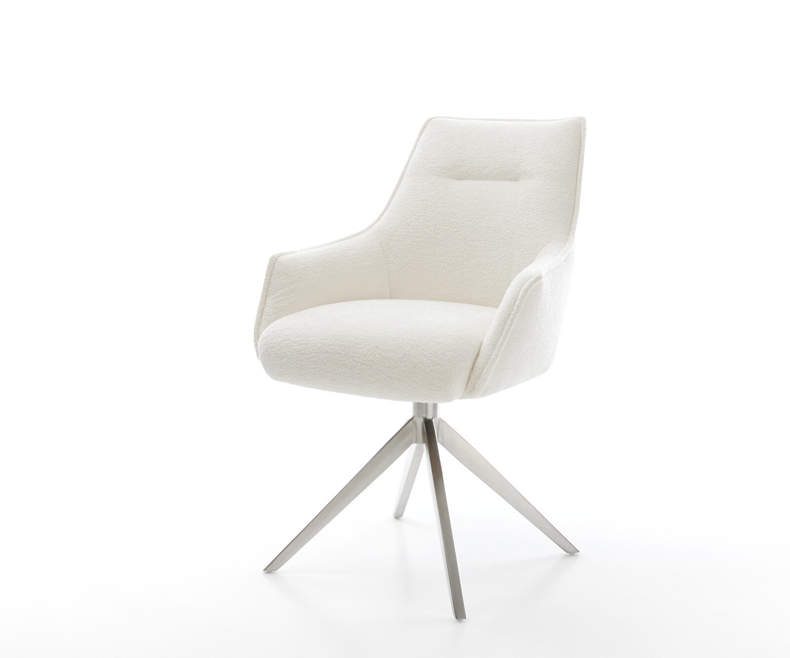 Chaise-pivotante Alja-Flex avec accoudoirs bouclé doux beige pied croisé large acier inoxydable pivotement sur 360° fonction bascule resorts ensachés