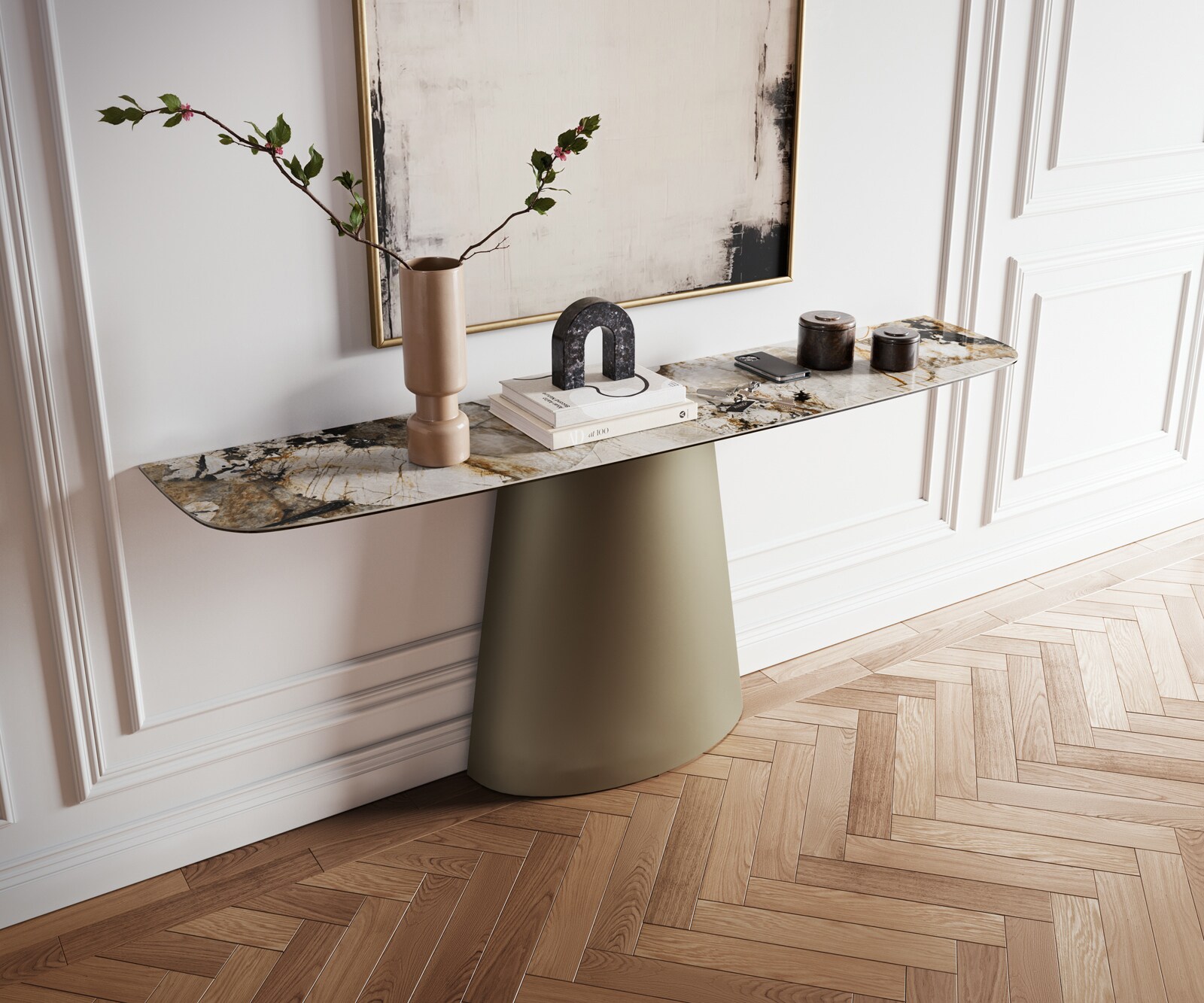 Console Edge forme bateau 180x40 cm Céramique Patagonia Poliert Conos Métal Effektfinish Titan 1