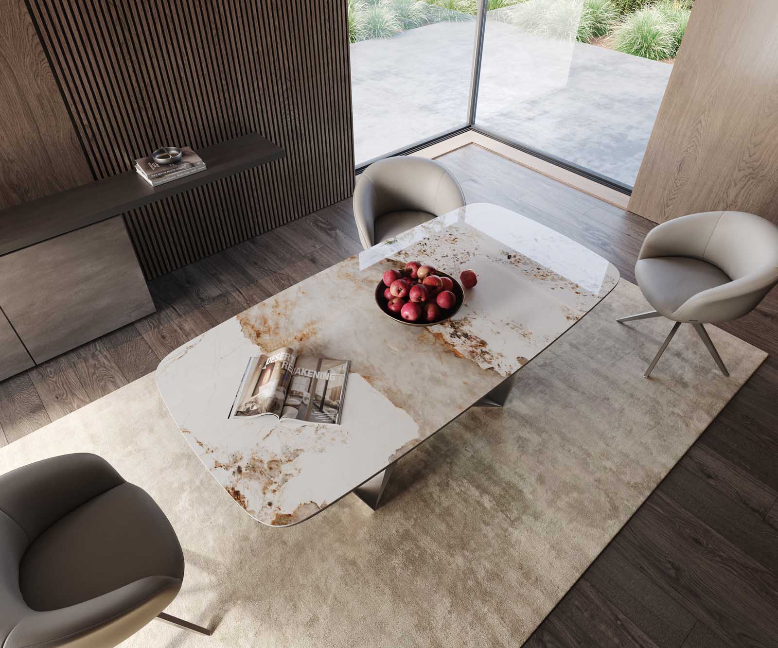 Table à manger Edge en forme de bateau 200x100 céramique Minas mélange blanc-beige Spider acier plat acier inoxydable 4 Table à manger Edge en forme de bateau 200x100 céramique Minas mélange blanc-beige Spider acier plat acier inoxydable 4