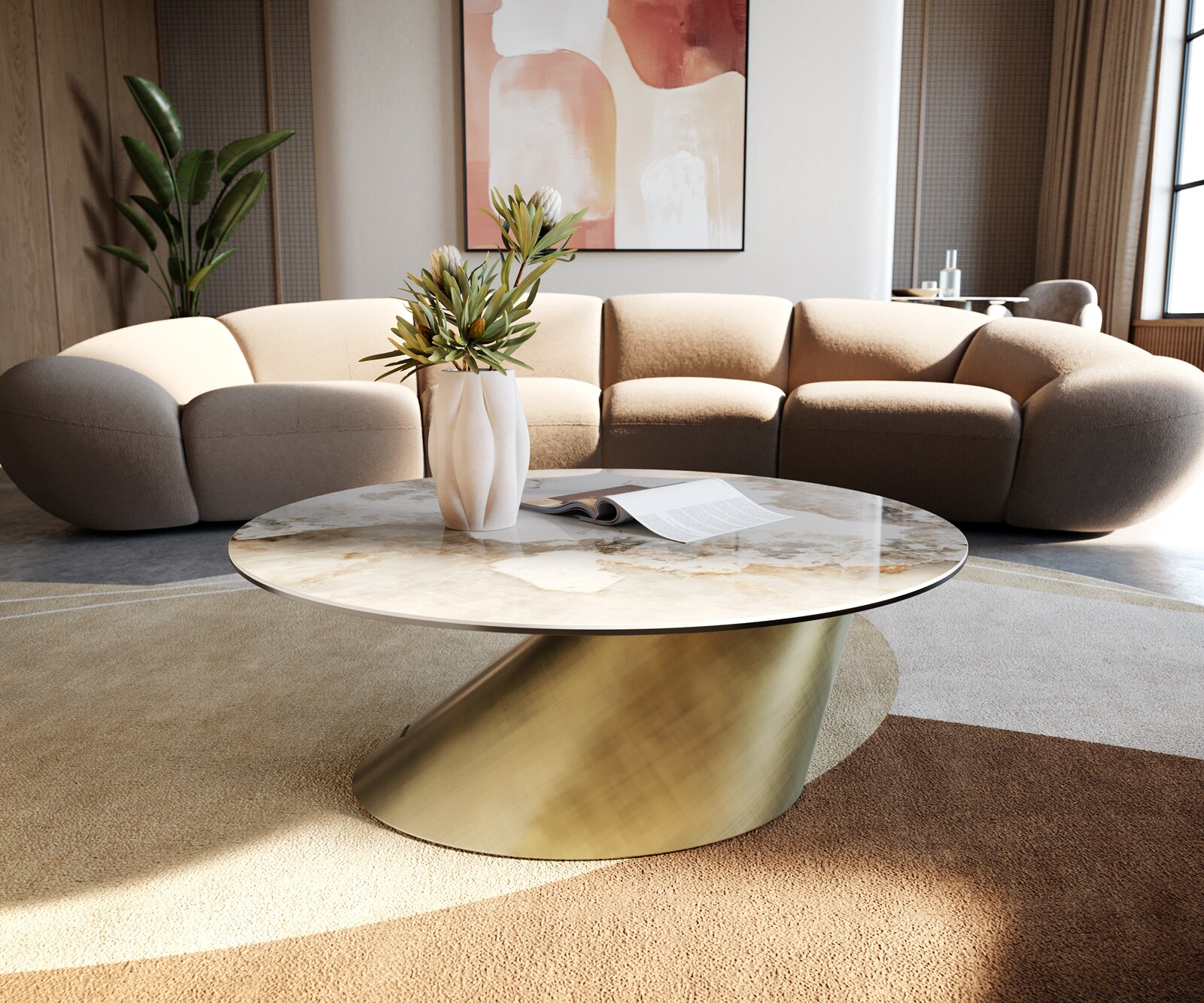 Table basse Edge rond 90x90 cm céramique Minas Melange Conis doré métallique 1