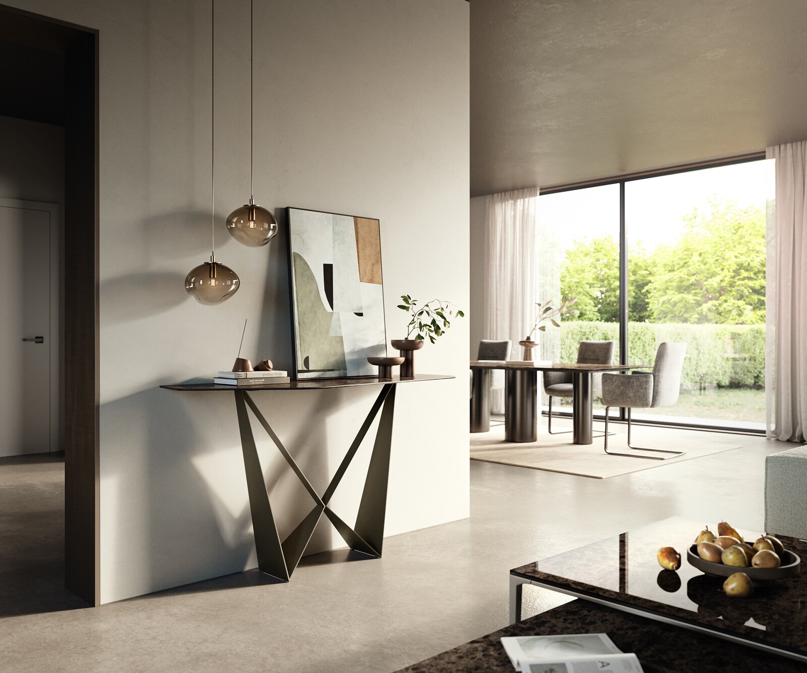 Console Edge Polygonal 140x50 cm Céramique Emperador Extra Lucidato Dunkelbraun Spios Métal Effektfinish Titan 6