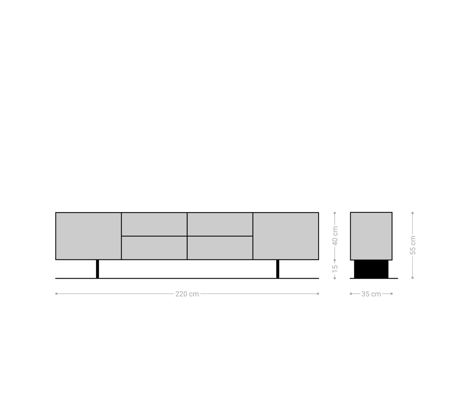 Meuble-TV Solu 220 cm acacia naturel 2 portes 4 tiroirs pied flottant métal noir façade 3D 8