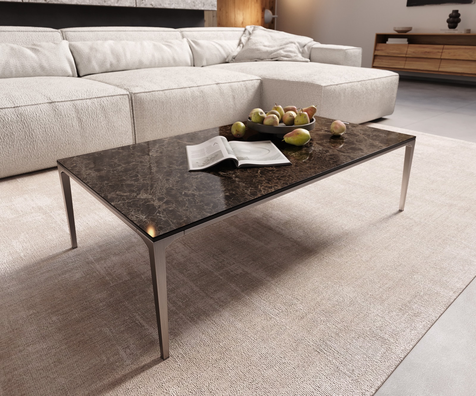 Table-basse Levente 110x60 cm Céramique Emperador Extra Lucidato Marron foncé Piétement inox Argent
