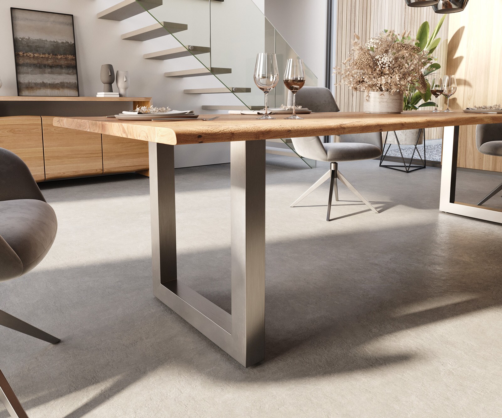Table-à-manger Edge 300x100 acacia nature acier inoxydable large Live-Edge 5
