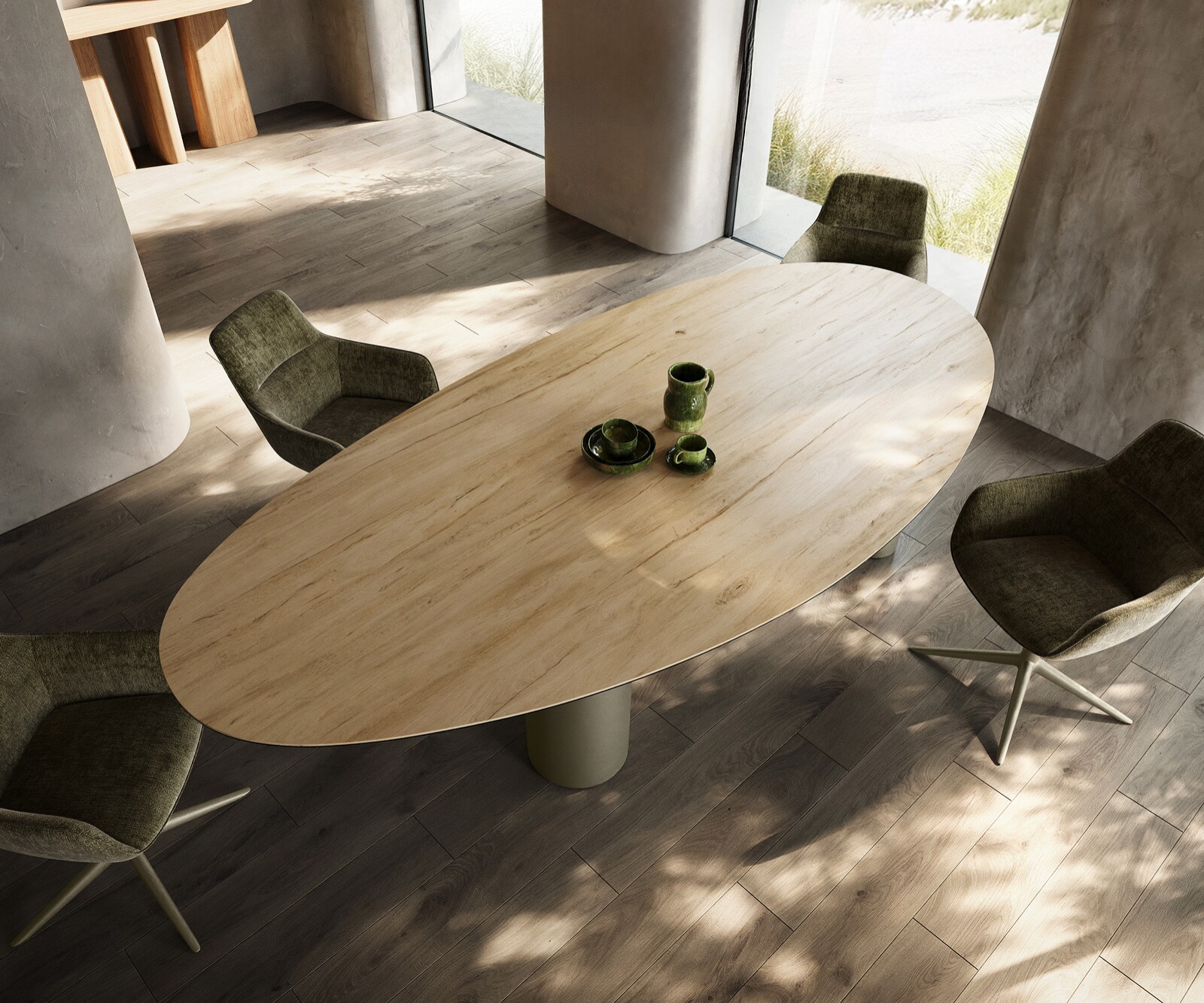 Table à manger Edge Ovale 280x130 Céramique Laminam® Sabbia Couleur chêne Pilier Métal finition à effet Titane 4