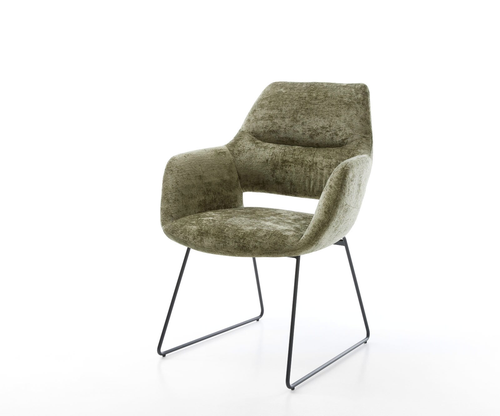 Chaise-de-salle-à-manger Yago-Flex avec accoudoirs chenille olive pied trapèze noir ressorts ensachés
