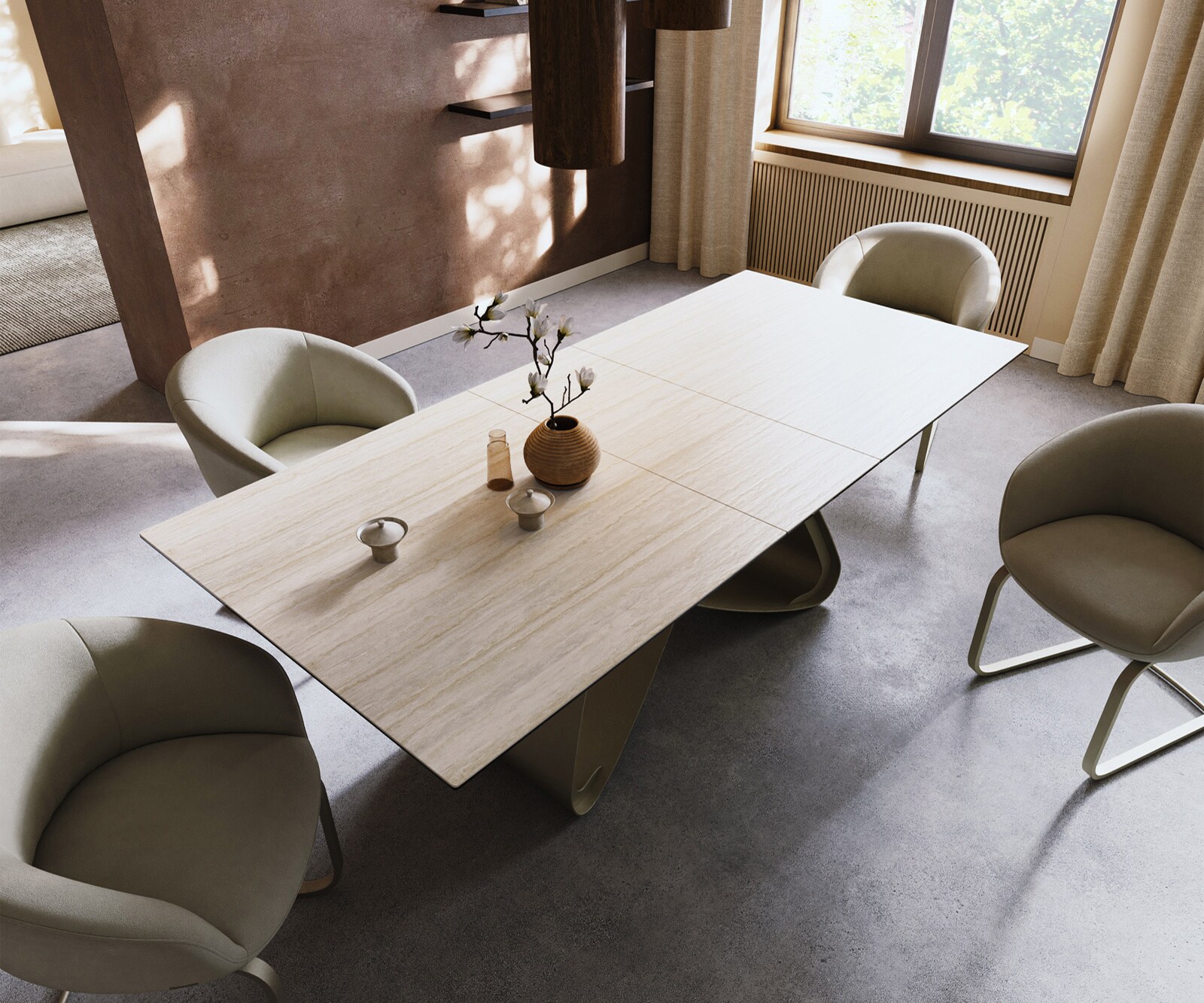 Table à manger Edge 180-220x100 céramique Laminam® Travertino Bianco crème-blanc cadre en W effet finition titanee extensible 3