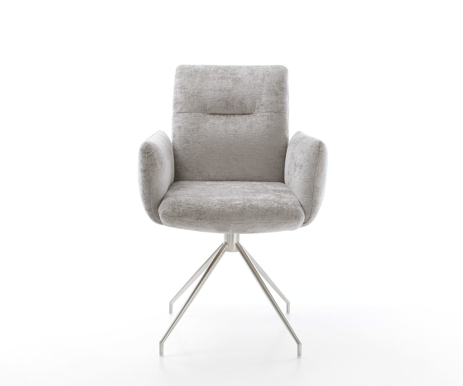 Chaise-pivotante Jova-Flex avec accoudoirs chenille gris argenté pied croisé conique acier inoxydable brossé pivotement sur 180° ressorts ensachés 1