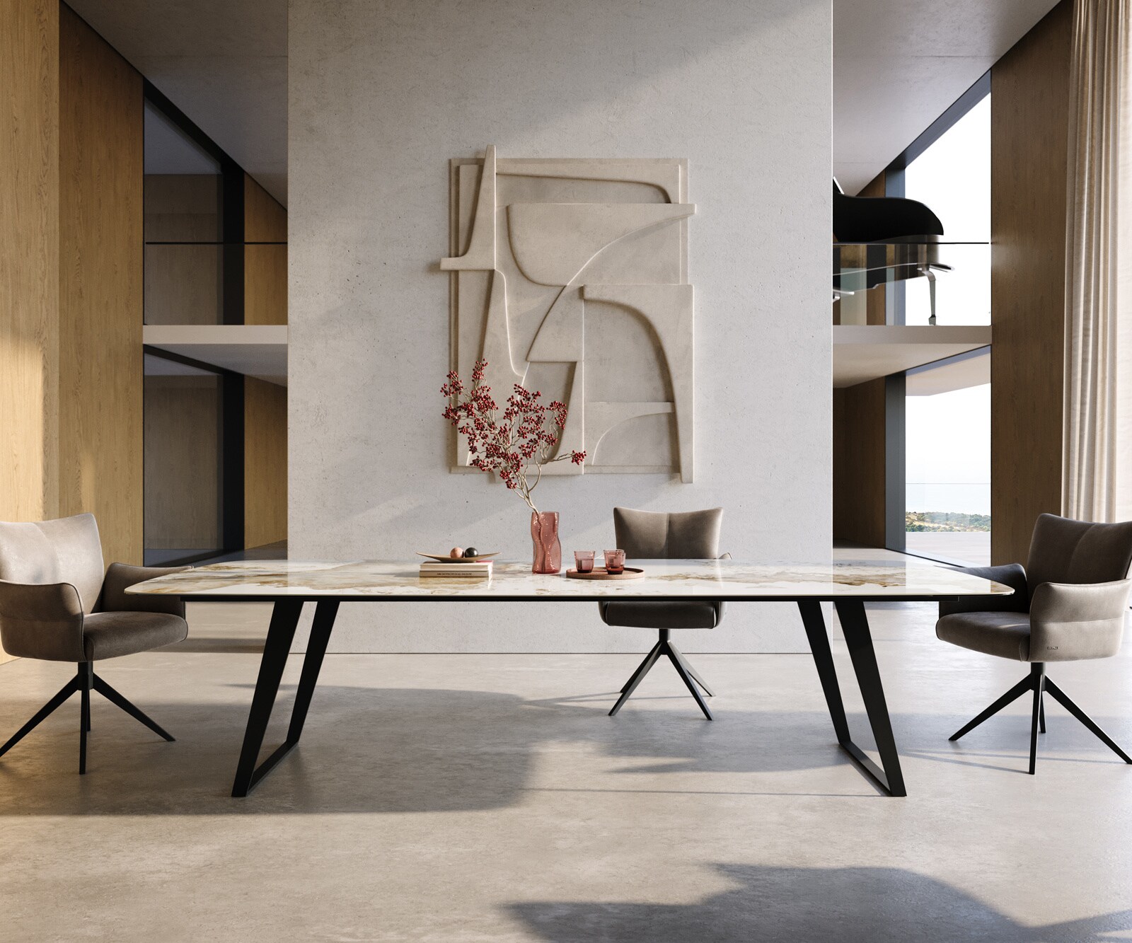 Table à manger Edge Boot 300x120 cm Céramique Minas Melange Blanc-Beige Métal Schräg Noir 2