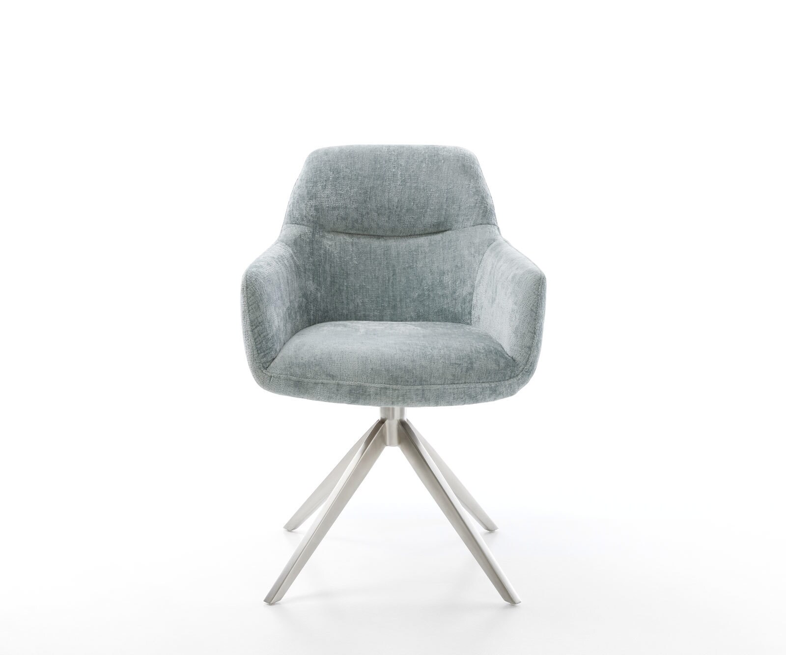 Chaise-pivotante Pejo-Flex chenille bleu pastel pied croisé large acier inoxydable brossé pivotement sur 360° fonction bascule ressorts ensachés 1