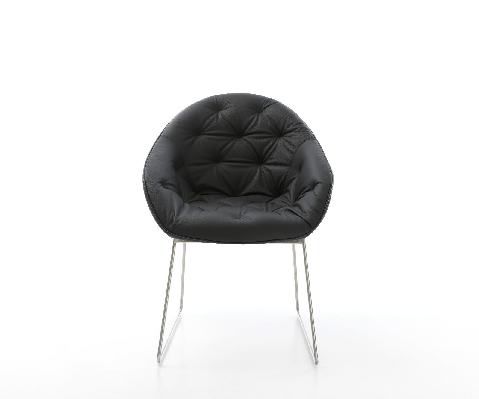 Chaise-de-salle-à-manger Gaio-Flex cuir de vache noir pied trapèze acier inoxydable brossé 1