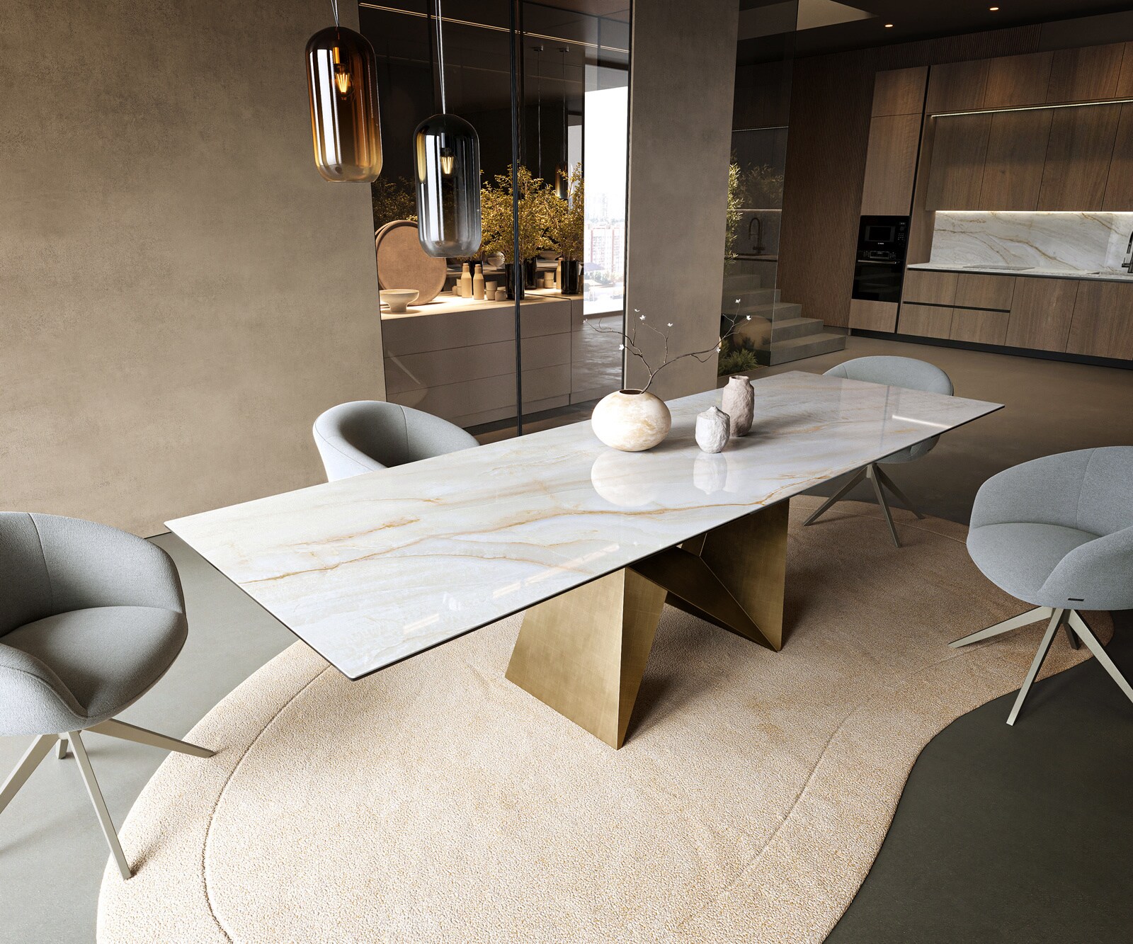 Table à manger Edge 300x100 cm céramique Onyx Pearl Origami métal doré 1