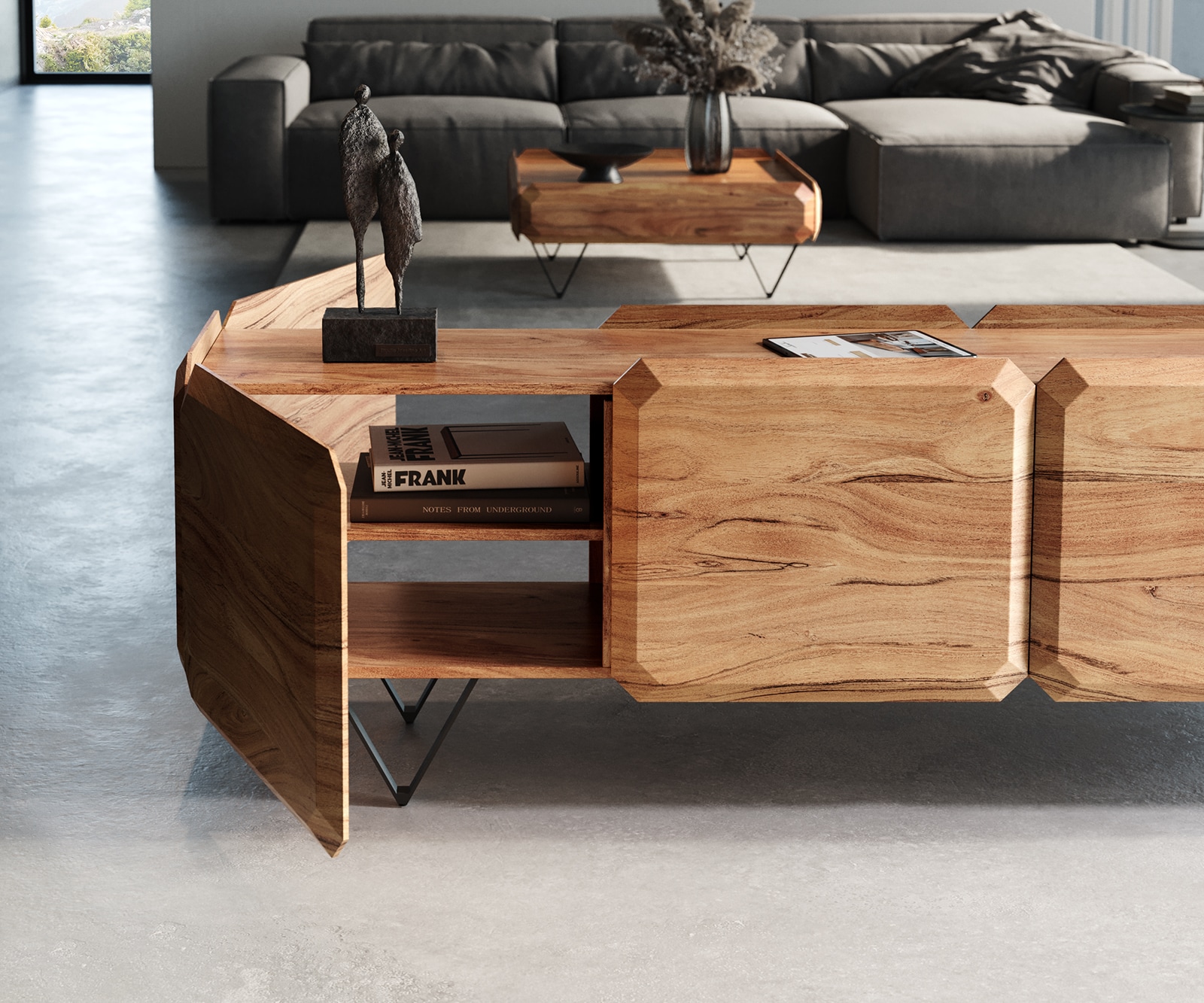 Meuble-bas Kiano 220 cm Acacia Nature 4 Portes Pied en V Noir Séparateur de pièce 4 Meuble-bas Kiano 220 cm Acacia Nature 4 Portes Pied en V Noir Séparateur de pièce 4